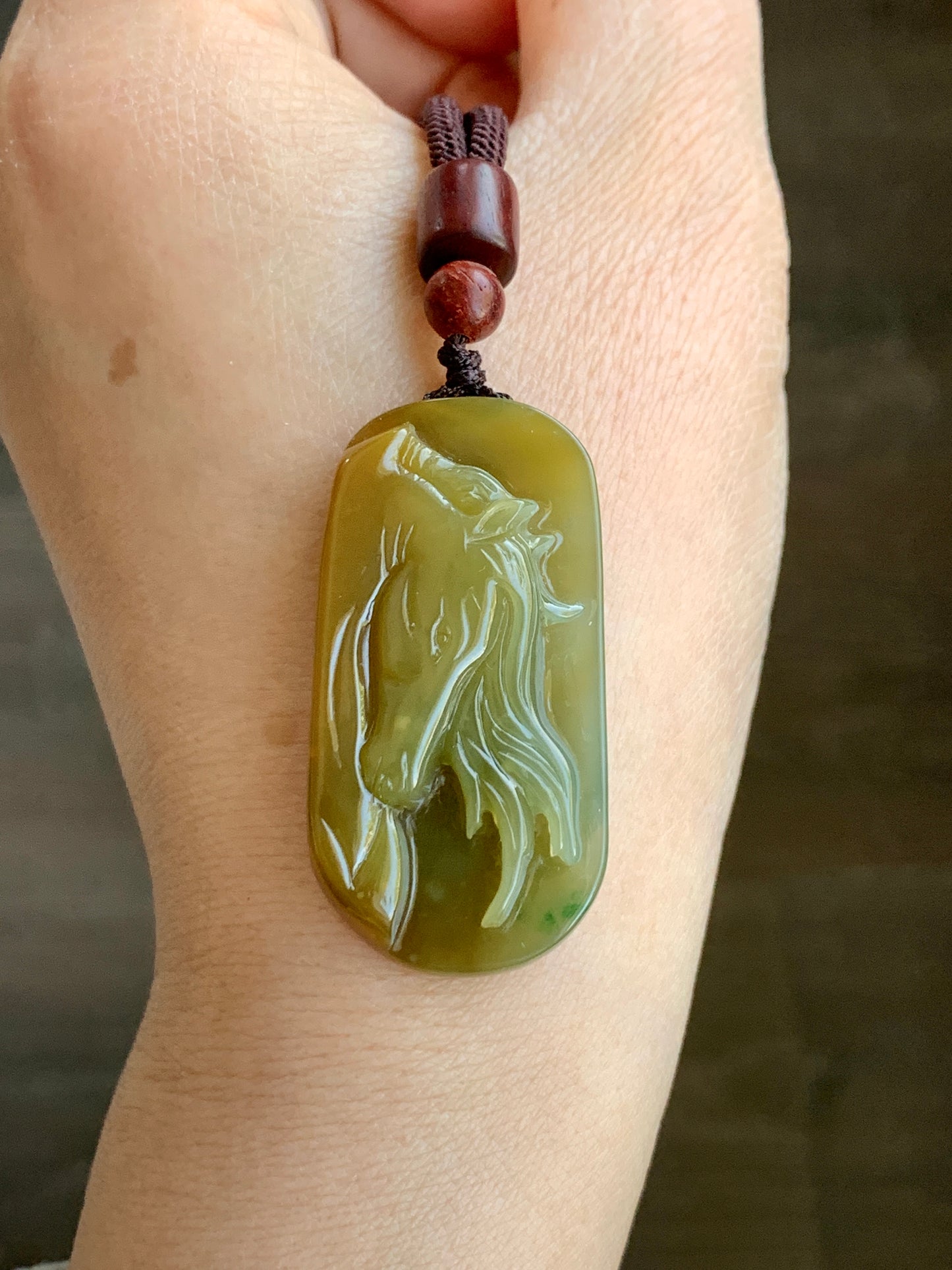 Stunning Natural Guatemalan grade A Icy Translucent Intense Yellow Jadeite w/ Green Marbling Horse Pendant Rope Necklace 天然冰危浓黄飘绿翡翠马牌吊坠挂件