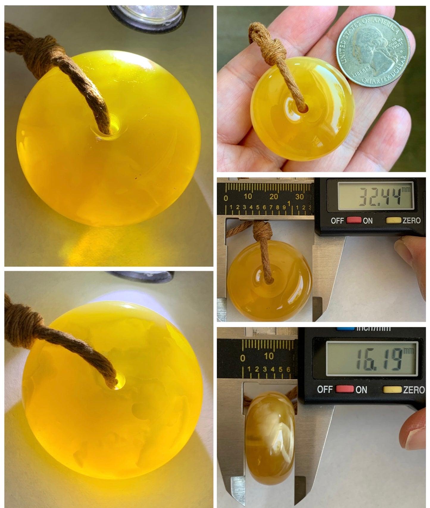 Natural Genuine Beewax Amber Large Ping An Kou Donut Rope Necklace 13g 25” Adjustable HPK550 天然蜜蜡平安扣吊坠怪件