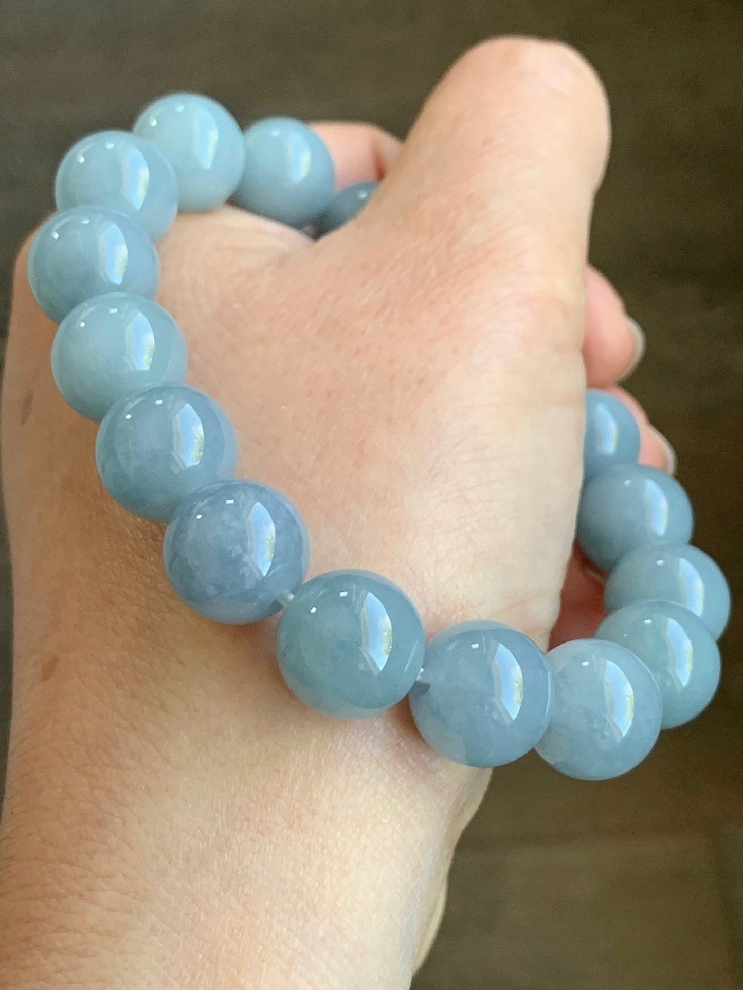 Certified Natural Grade A Icy Translucent Dusty Light Blue Jadeite Large Beaded Bracelet 12.3mm 7.75” 54g 7851