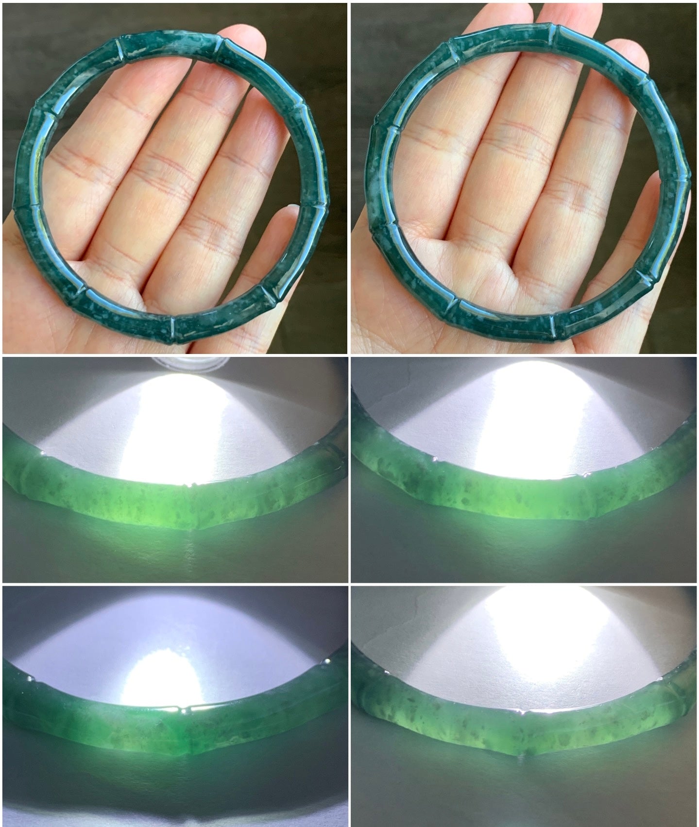 Certified Natural Grade A Icy Translucent Gelatinous Dark Teal Green Jadeite Carved Bamboo Bangle Bracelet 60.7mm 7.5” 21g 天然冰危深篮绿翡翠竹节手镯 7829
