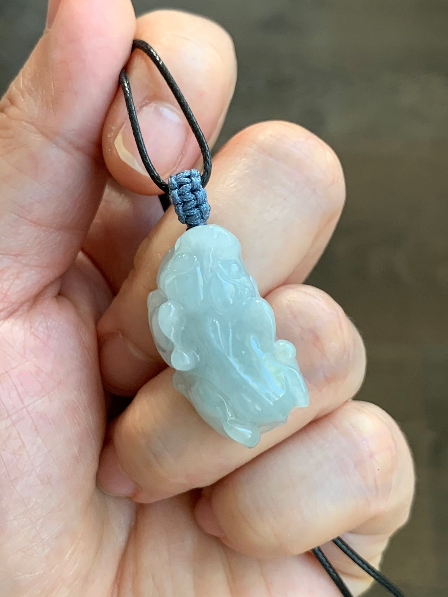 Natural Grade A Icy Translucent Gelatinous Pastel Dusty Blue Jadeite Pixiu Pendant Rope Bail with Black Cord Necklace 11g 天然冰胶淡蓝翡翠貔貅吊坠