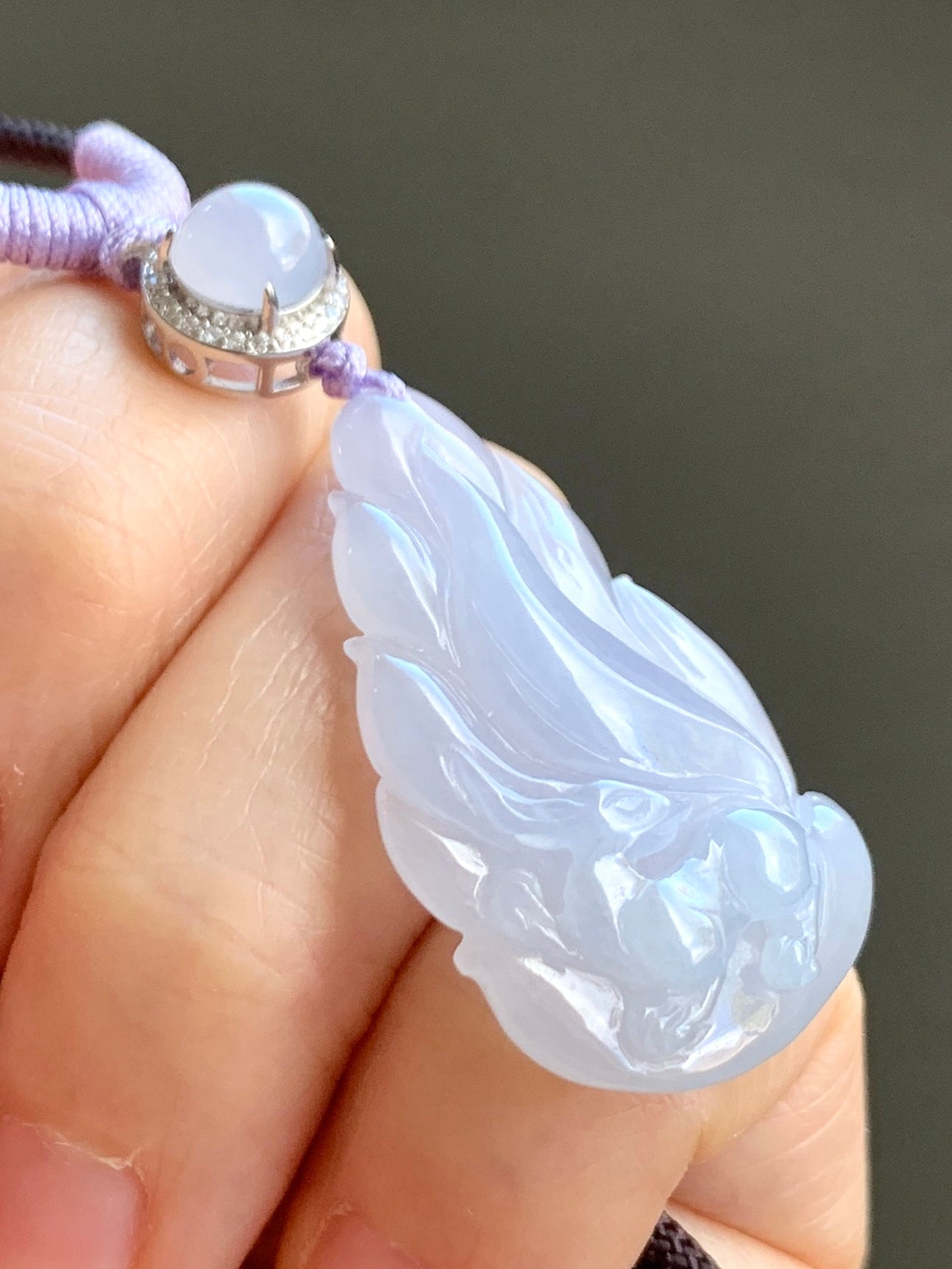Certified Natural Icy Translucent Gelatinous Soft Purple Jadeite Carved Nine-Tailed Fox Pendant Rope Necklace 26" 天然冰胶淡紫翡翠九尾狐吊坠 3270