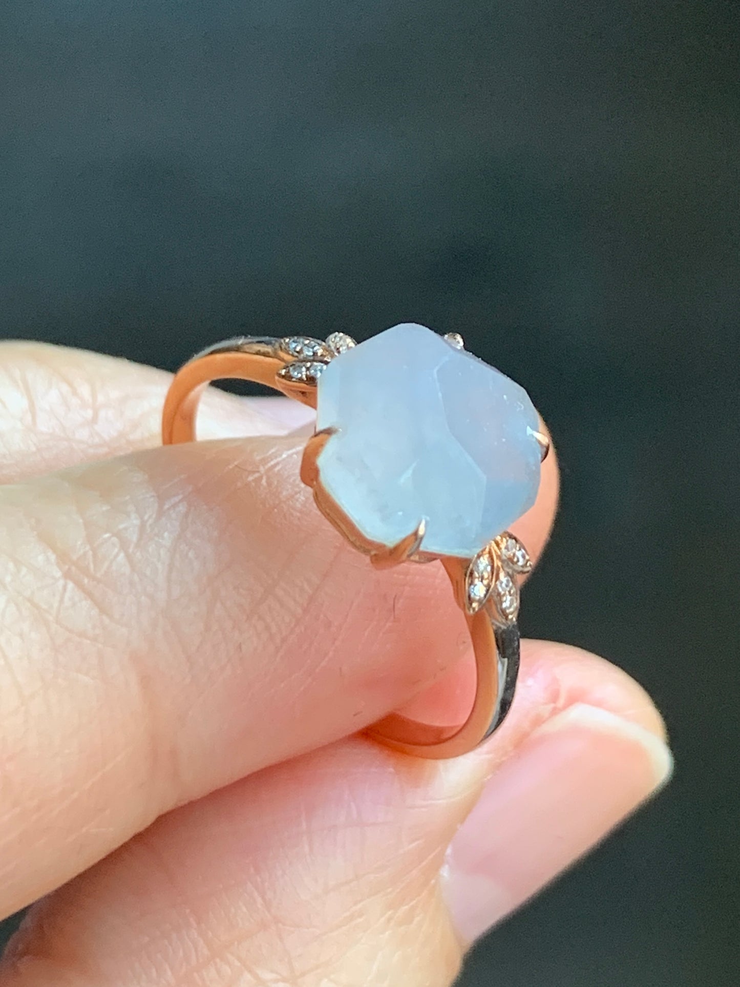 Certified Grade A Natural Icy Translucent Light Purple Jadeite Faceted Cabochon Ring 18K Rose Gold Diamonds Size 7 US 2.26g 天然冰紫翡翠切割面镶嵌钻石戒指