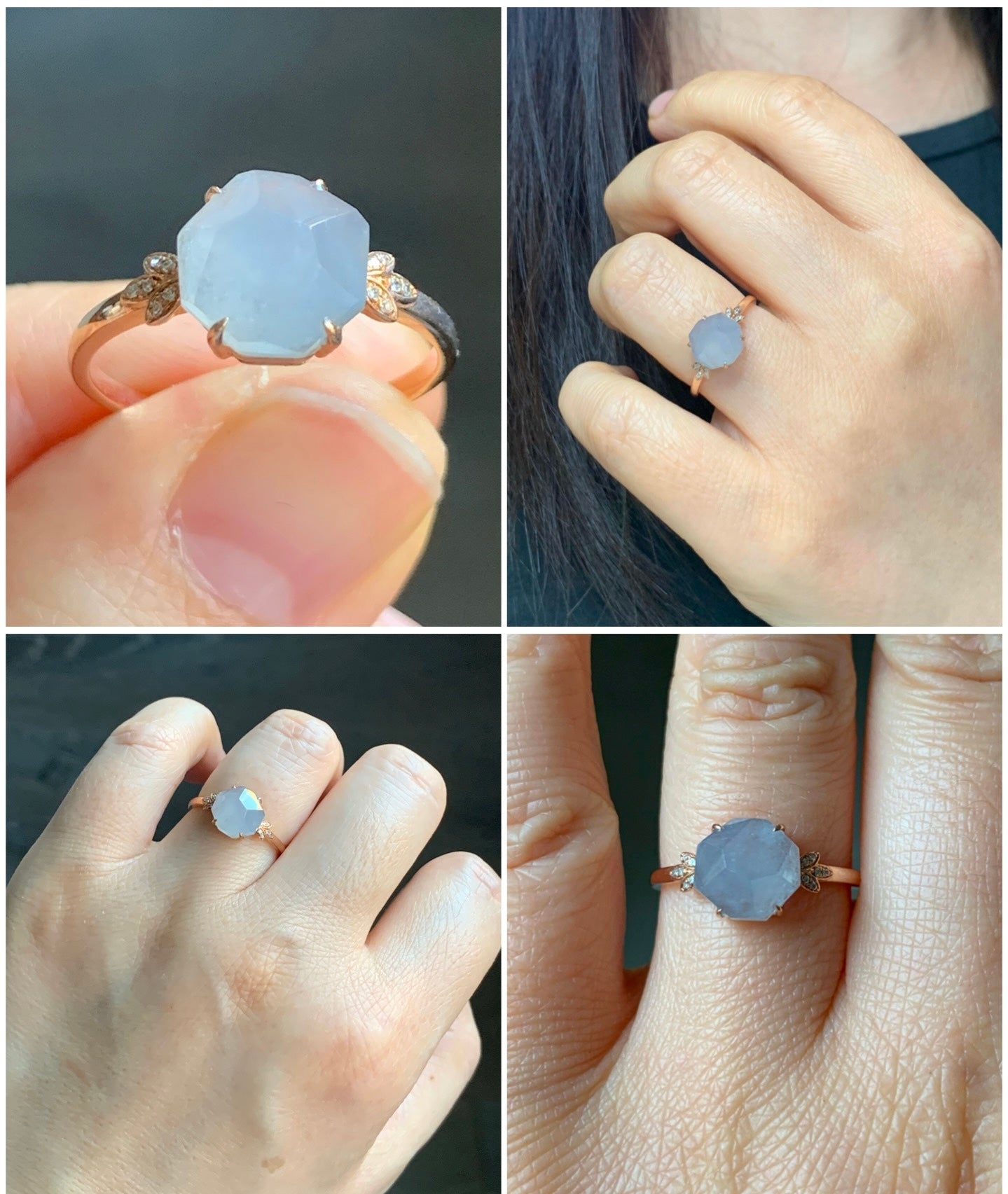 Certified Grade A Natural Icy Translucent Light Purple Jadeite Faceted Cabochon Ring 18K Rose Gold Diamonds Size 7 US 2.26g 天然冰紫翡翠切割面镶嵌钻石戒指