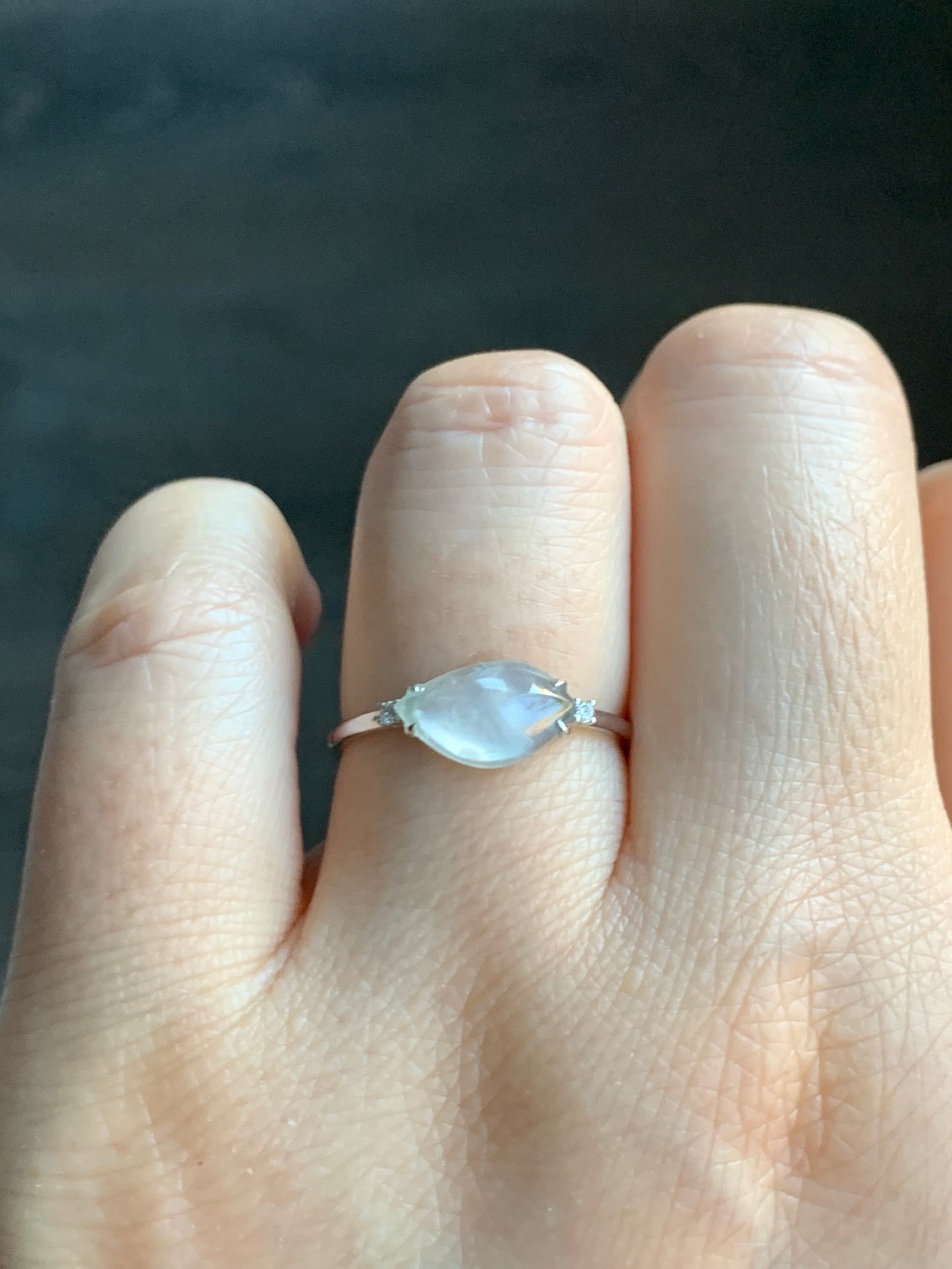 Certified Natural Grade A Premium Icy White Jadeite Horse Eye Cabochon Ring 18K White Gold Diamonds Size 7 US 1.65g 天然高冰木纳翡翠马眼镶嵌戒指 7066