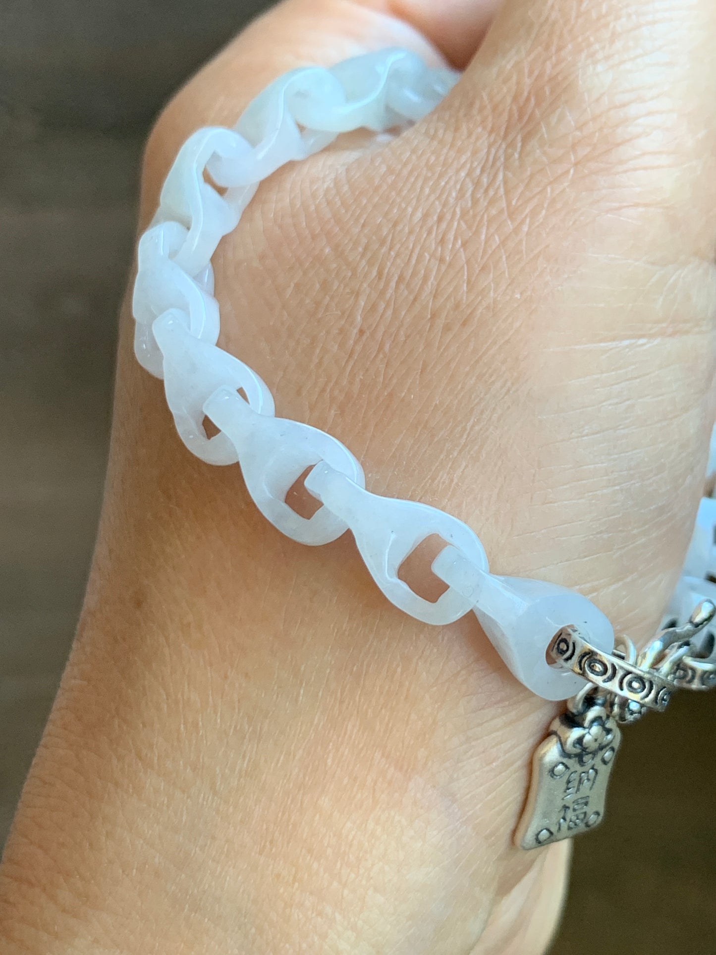 Natural Grade A Icy Translucent White Jade Jadeite Carved Interlocking Dragon Bone Chain Bracelet Sterling Silver Adjustable