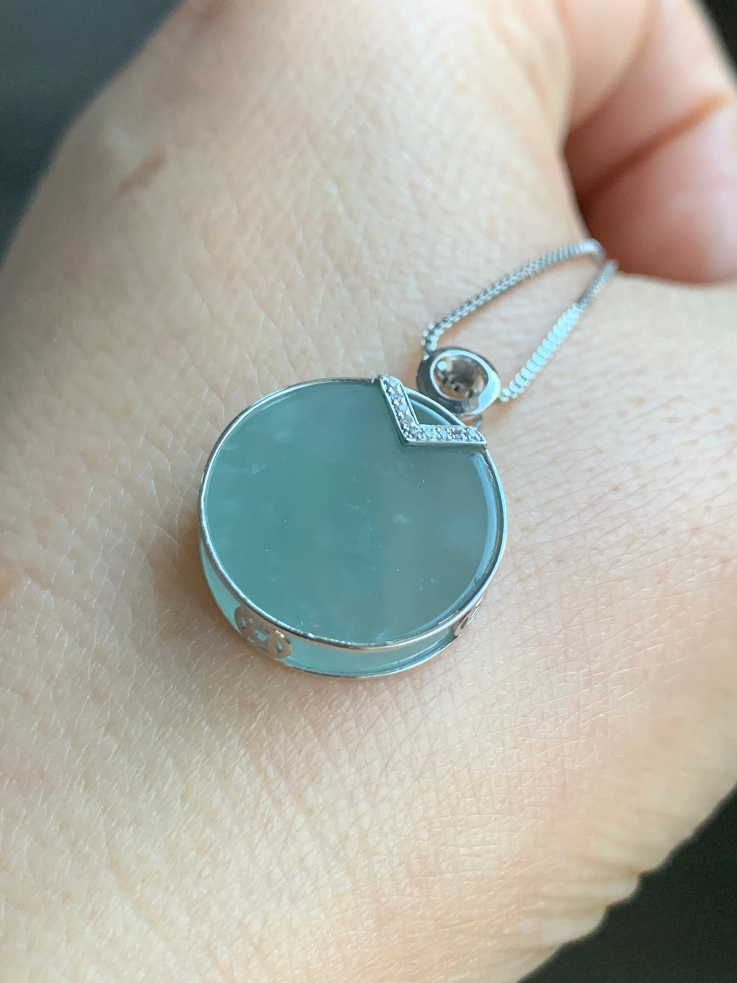Certified Natural Guatemalan Premium Sky Blue Jadeite Circle Blessing Amulet Pendant Wu Shi Pai 18K White Gold & Diamonds 天然翡翠冰危蓝无事牌K金钻石镶嵌吊坠