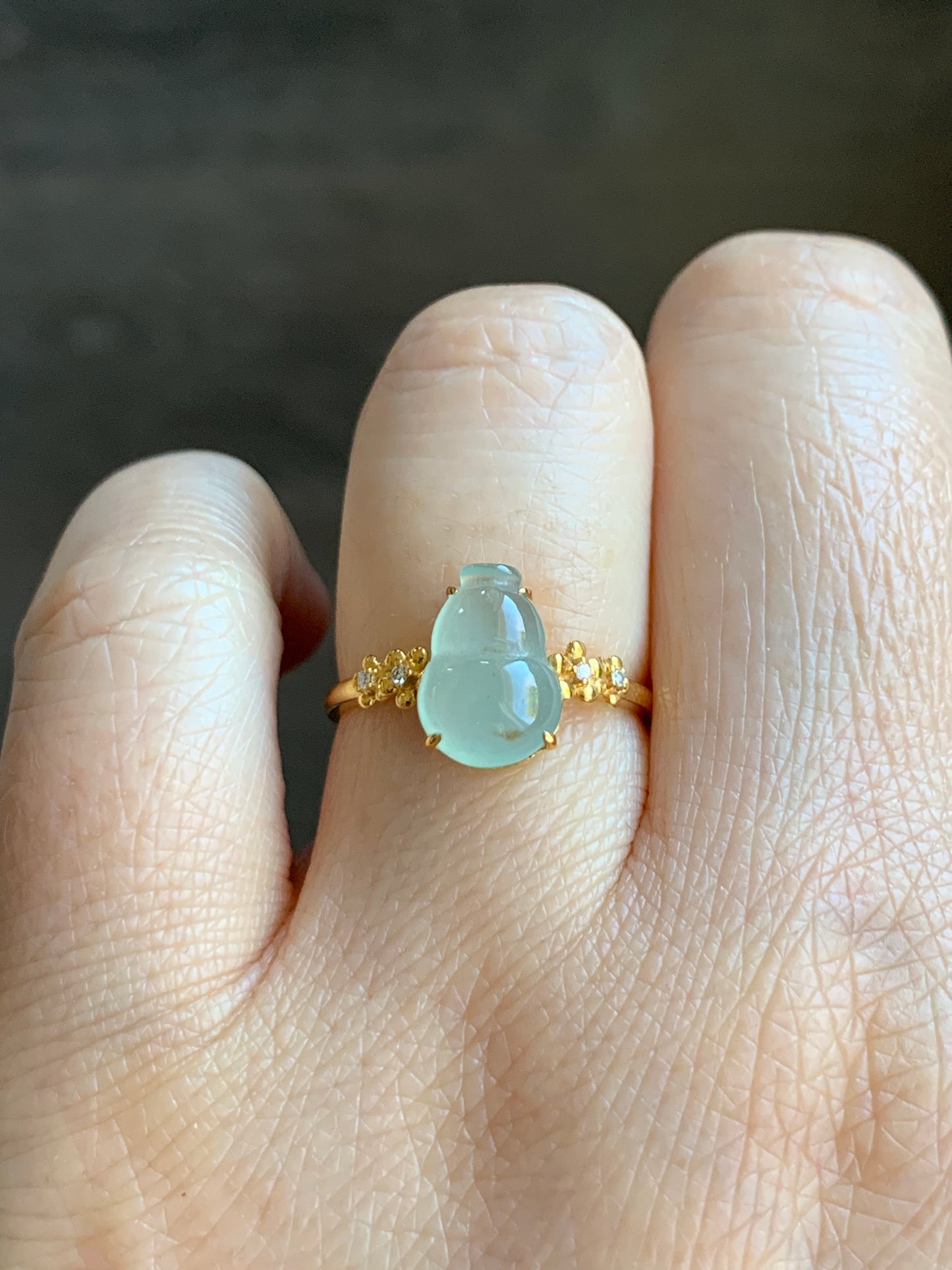 Certified Natural Grade A Premium Icy Translucent Light Green Jadeite Hulu Gourd Ring 18K Yellow Gold Diamonds Size 7 US 天然晴色翡翠葫芦钻石镶嵌戒指 7179