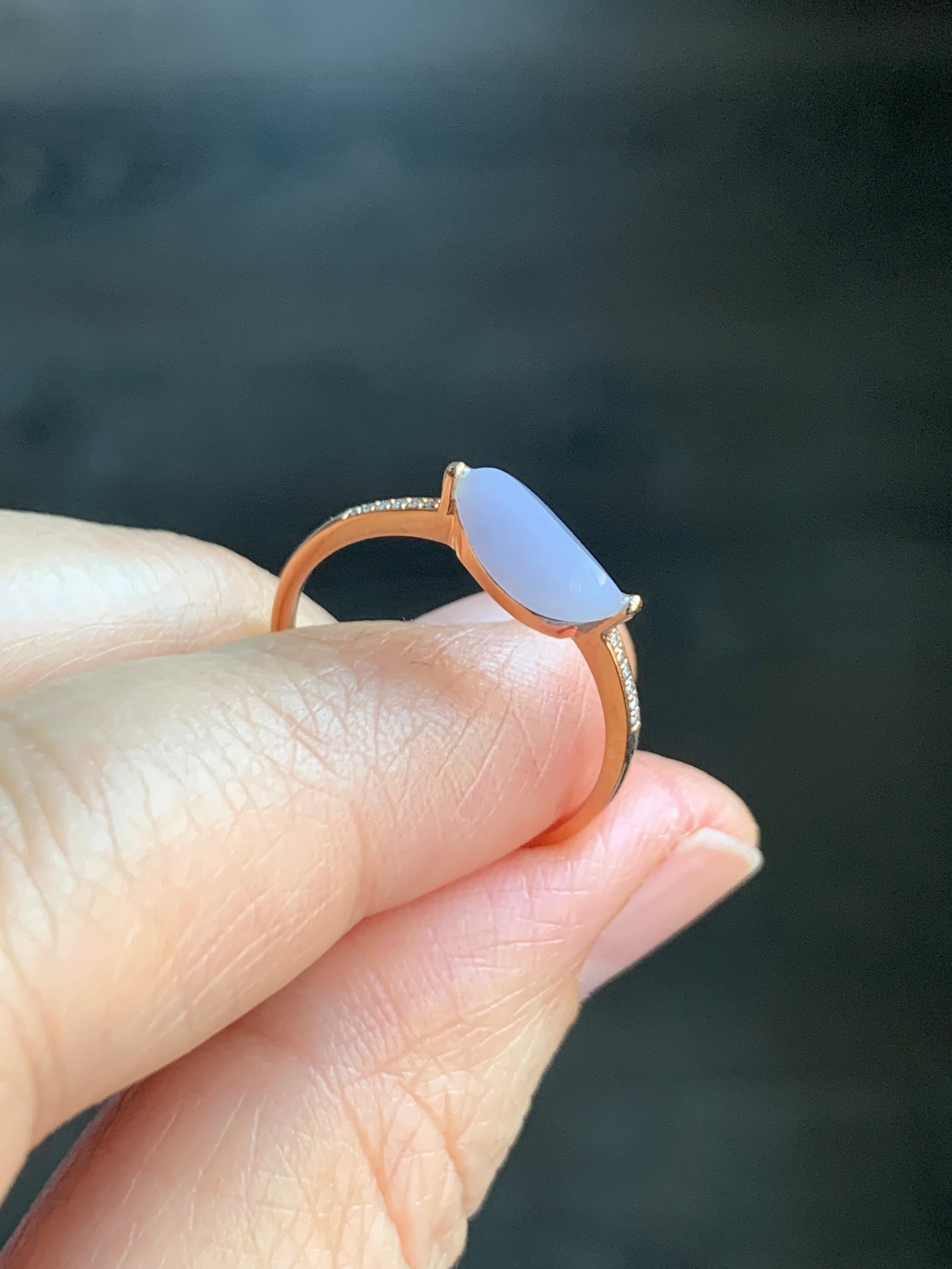 Certified Icy Light Lavender Horse Eye Cut Jadeite Ring 18K Rose Gold with Diamonds Sz 7 US 1.54g 天然冰紫翡翠马眼钻石镶嵌戒指