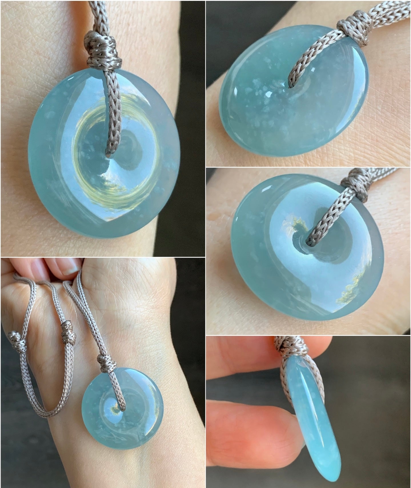 Certified Natural Icy Highly Translucent Premium Light Blue Jadeite Ping An Kou Donut Pendant Rope Necklace Adjustable 26” 天然冰危淡蓝起胶起光翡翠平安扣吊坠 7831