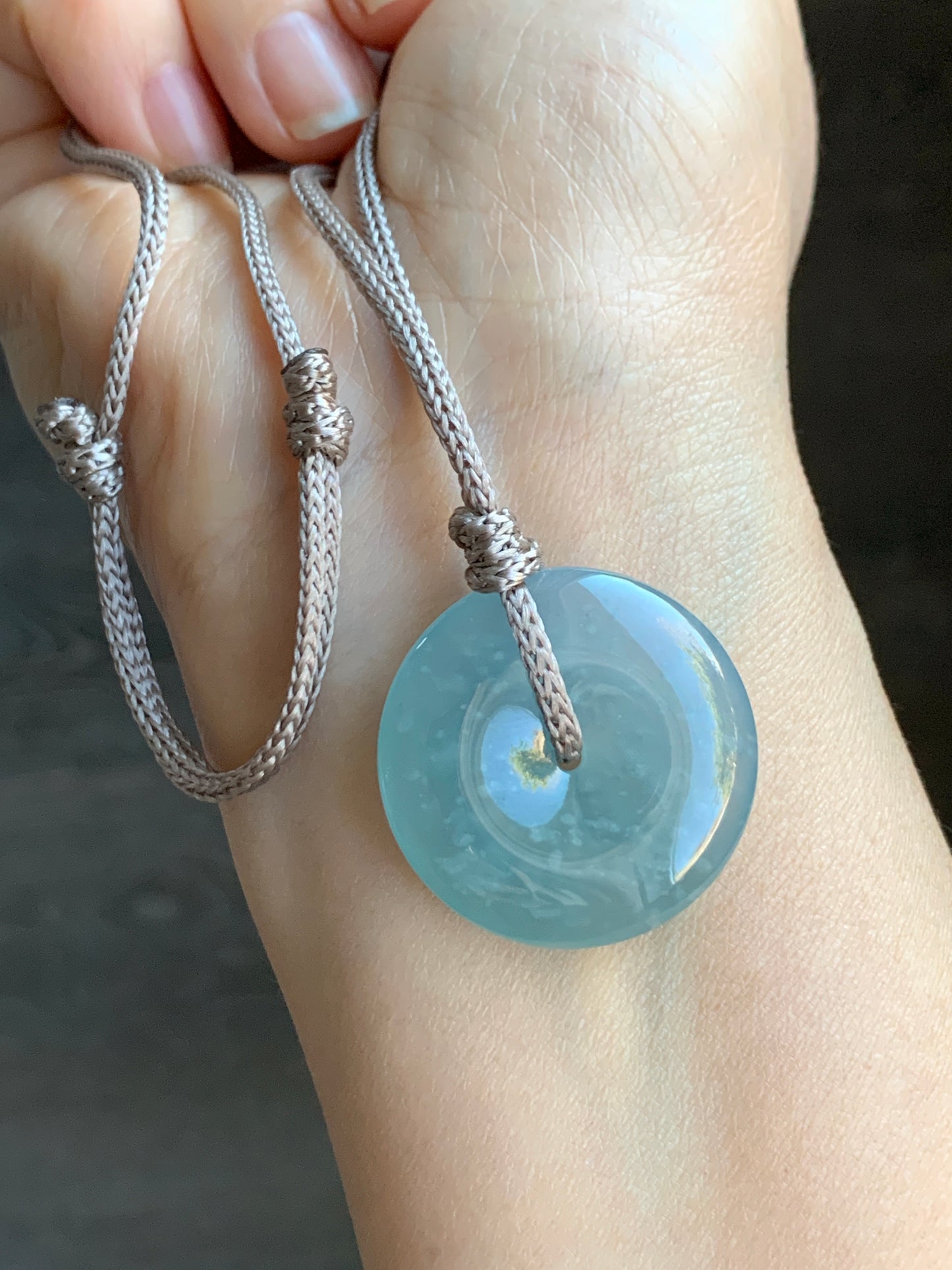 Certified Natural Icy Highly Translucent Premium Light Blue Jadeite Ping An Kou Donut Pendant Rope Necklace Adjustable 26” 天然冰危淡蓝起胶起光翡翠平安扣吊坠 7831