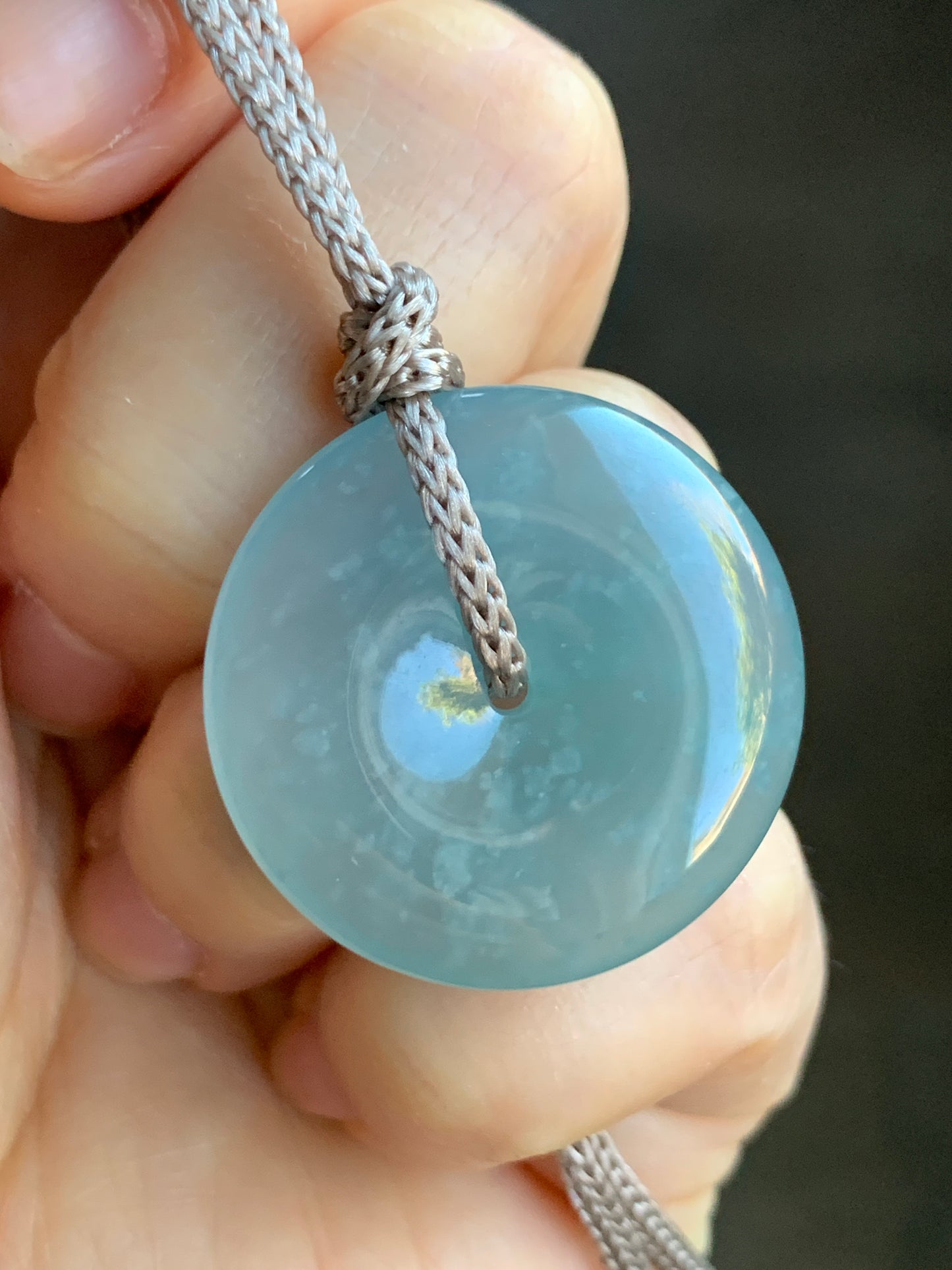 Certified Natural Icy Highly Translucent Premium Light Blue Jadeite Ping An Kou Donut Pendant Rope Necklace Adjustable 26” 天然冰危淡蓝起胶起光翡翠平安扣吊坠 7831