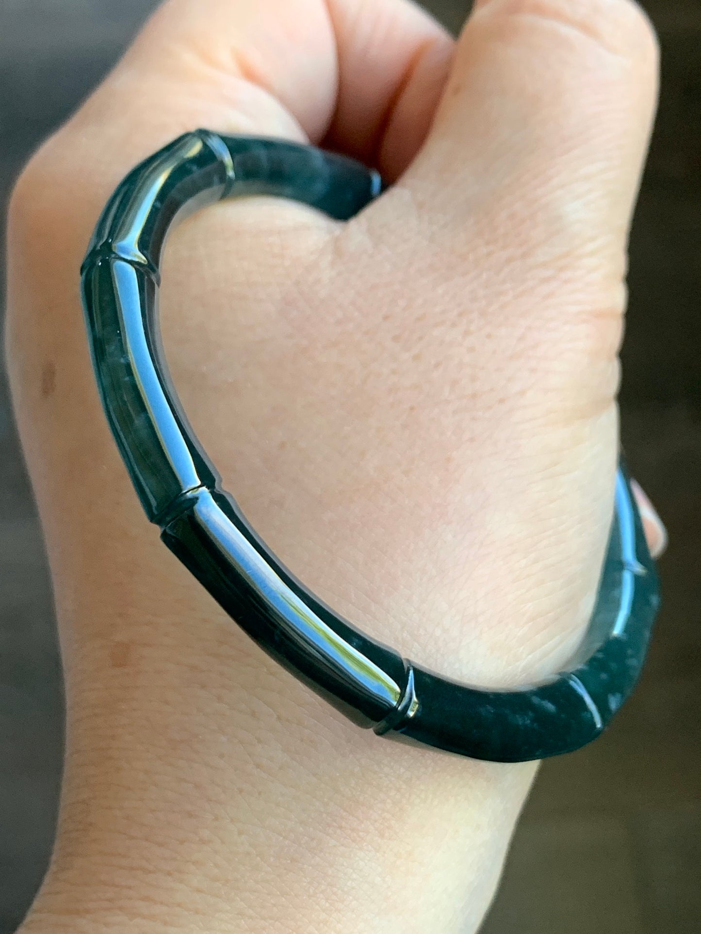Natural Grade A Icy Translucent Gelatinous Dark Teal Green Jadeite Carved Bamboo Bangle Bracelet 56.6mm 7” 20g 天然冰危深篮绿翡翠竹节手镯 ZJ480-3