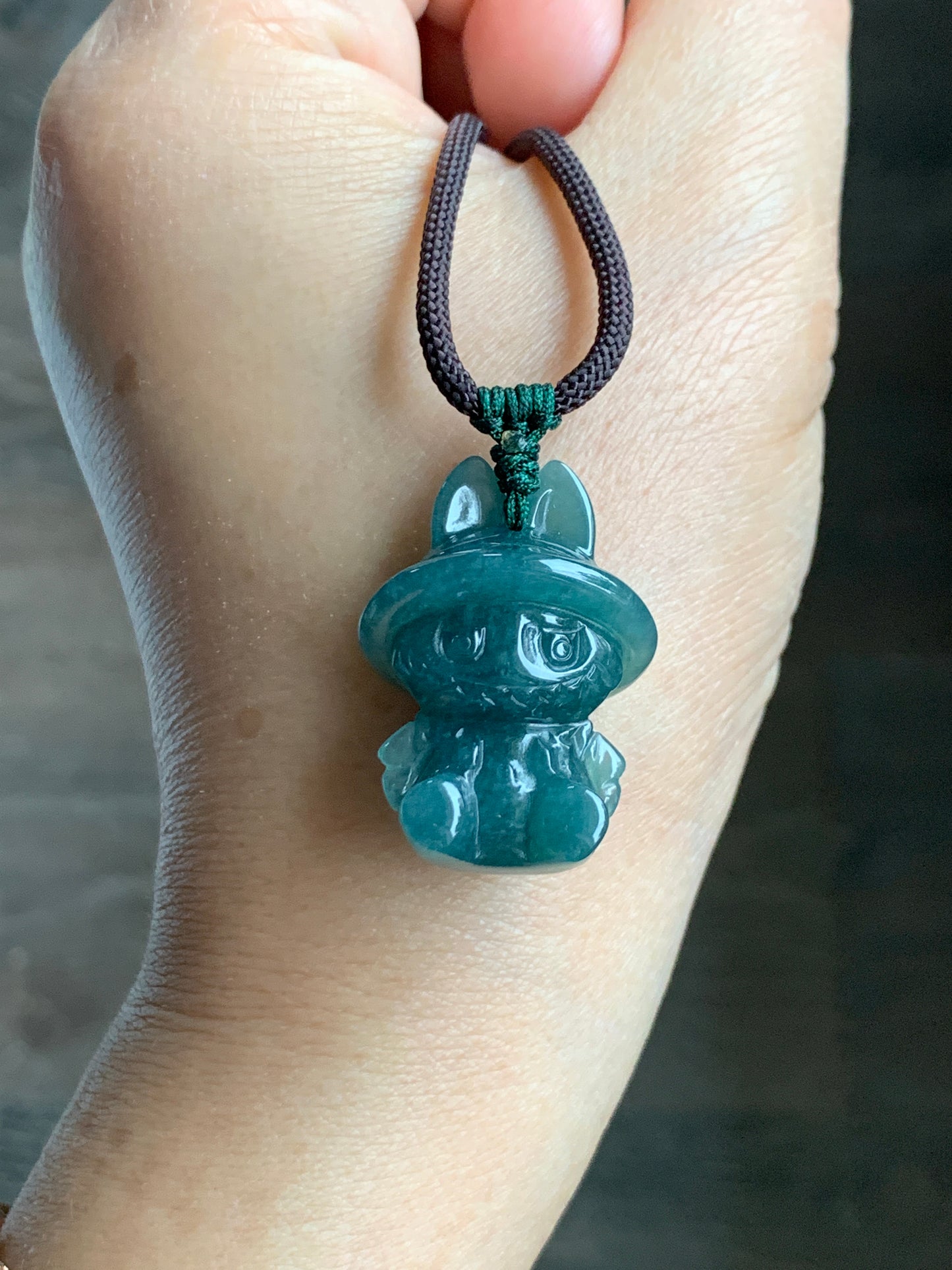 Natural Grade A Guatemalan Icy Translucent Gelatinous Dark Teal Blue Jade Jadeite Carved Labubu Pendant Rope Necklace 26” 天然冰胶危深蓝绿翡翠拉布布吊坠 LBB88