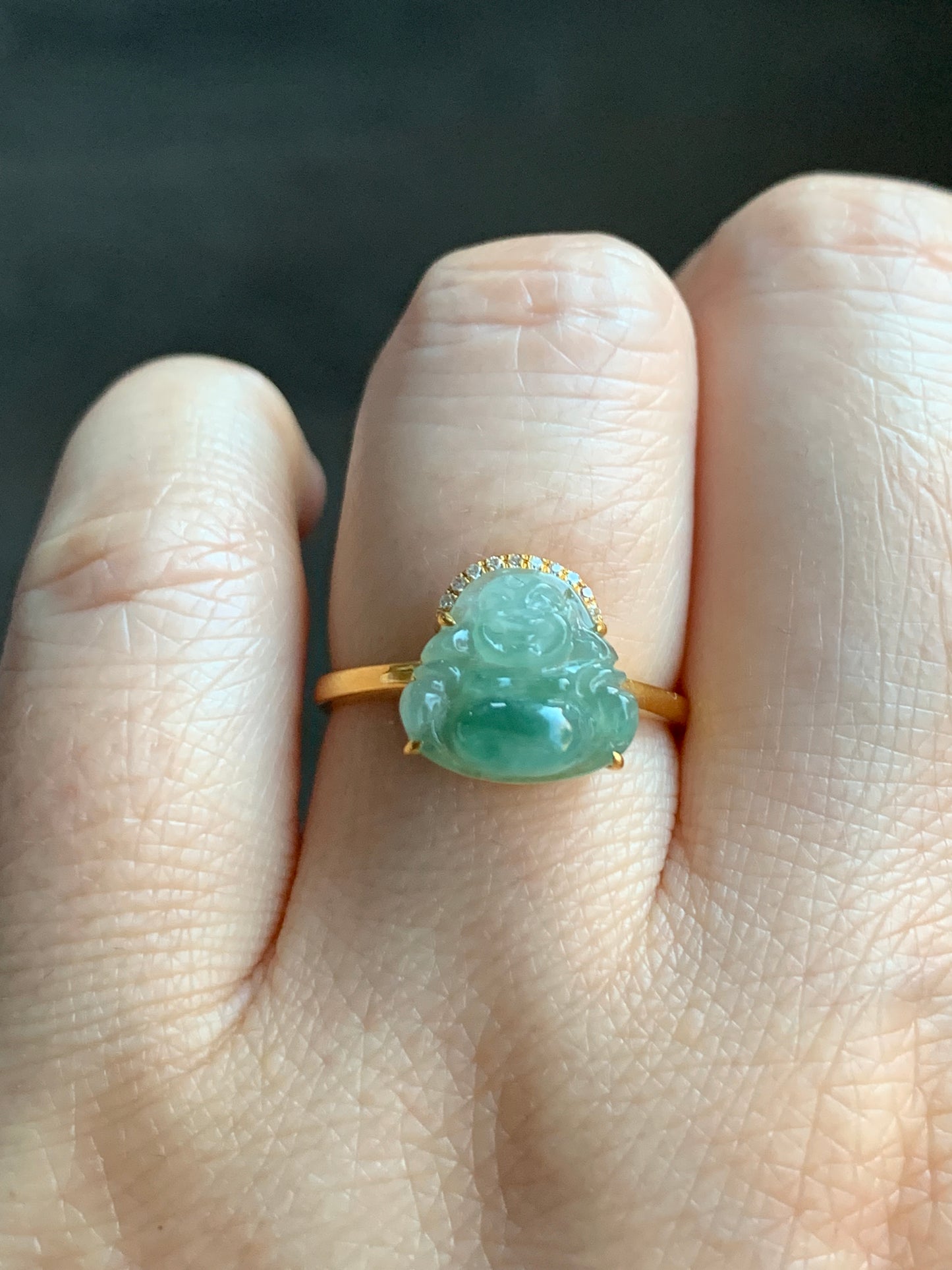 Certified Natural Grade A Icy Translucent light Green & Green Marbled Jadeite Buddha Ring 18K Yellow Gold Diamonds Size 7 天然冰飘绿花翡翠小佛公钻石镶嵌戒指