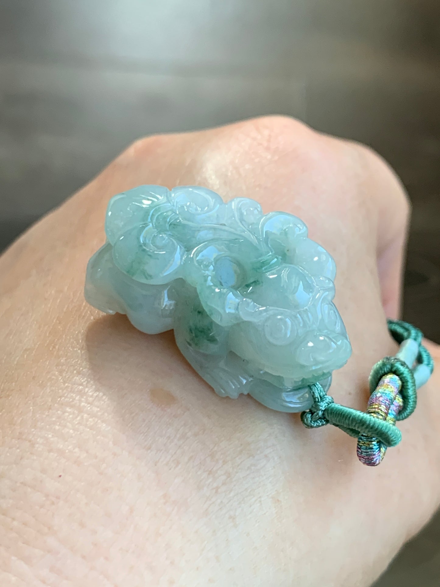 Natural Grade A Icy Translucent Gelatinous Green Marbled Jadeite Carved Pixiu Pendant Rope Necklace Adjustable 25" 24g 天然冰胶精工飘绿花翡翠貔貅吊坠