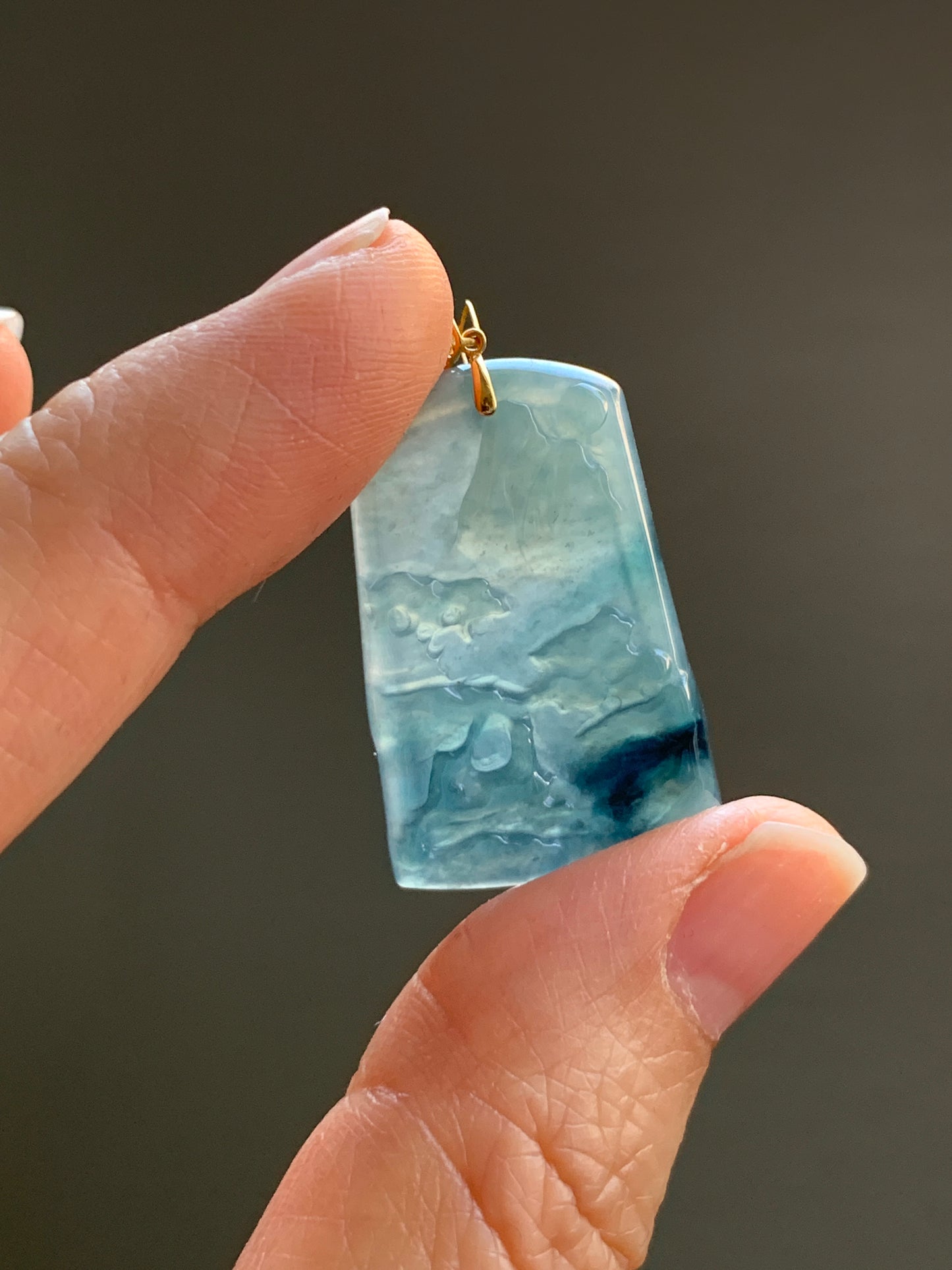 Natural Guatemalan Sky Blue Jadeite with Dark Blue Marbling Shan Shui Pai Landscape Tag Pendant 18K Yellow Gold 天然正高冰危蓝翡翠山水牌吊坠