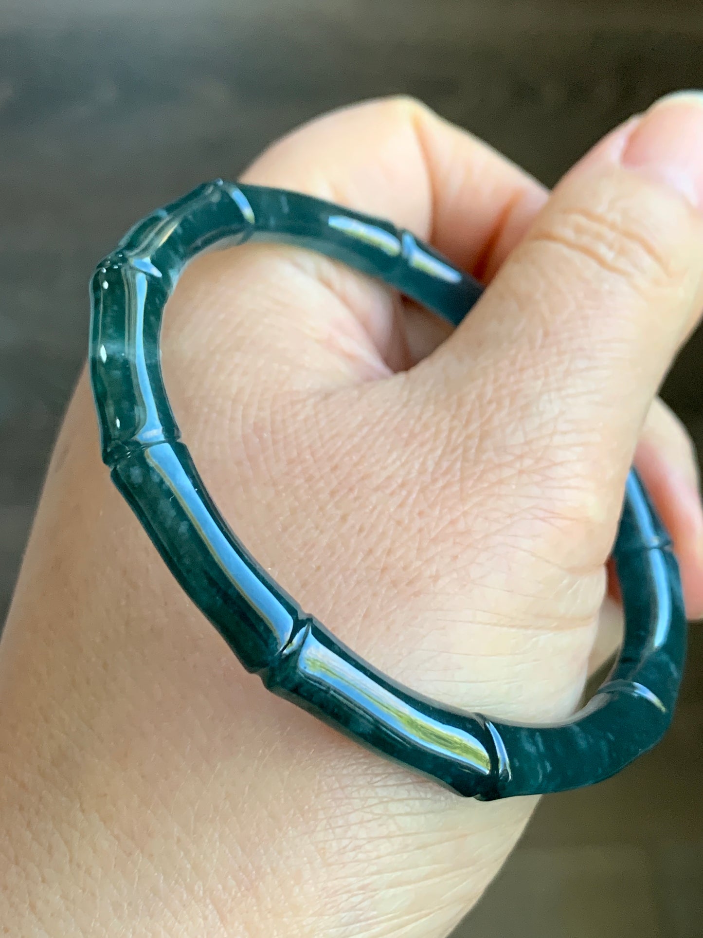 Natural Grade A Icy Translucent Gelatinous Dark Teal Green Jadeite Carved Bamboo Bangle Bracelet 56.7mm 7” 19g 天然冰危深篮绿翡翠竹节手镯 ZJ600-3