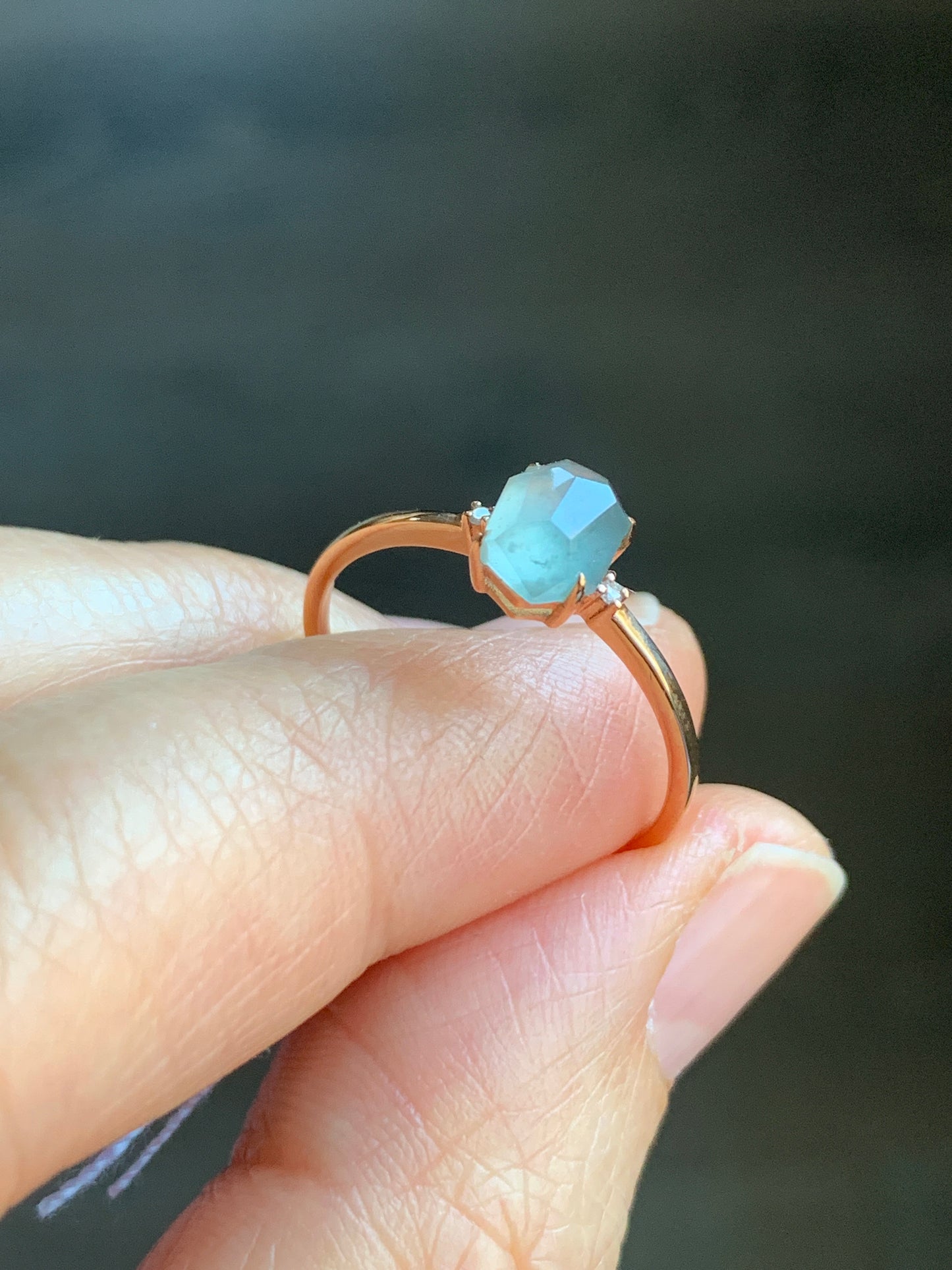 Certified Natural Grade A Icy Translucent Light Blue Jadeite Faceted Cabochon Solitaire Ring 18K Rose Gold Diamonds Sz 7 天然天空蓝翡翠切割面钻石镶嵌戒指
