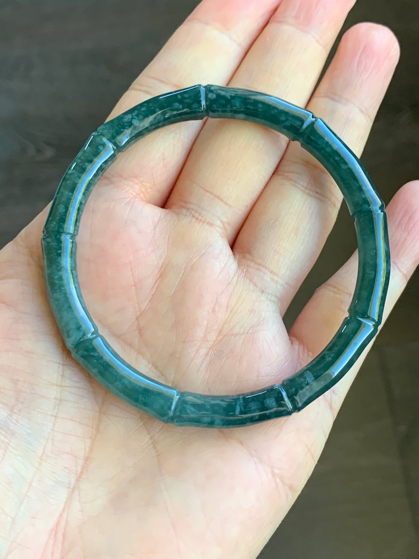Certified Natural Grade A Icy Translucent Gelatinous Dark Teal Green Jadeite Carved Bamboo Bangle Bracelet 56.6mm 7” 20g 天然冰危深篮绿翡翠竹节手镯 7826