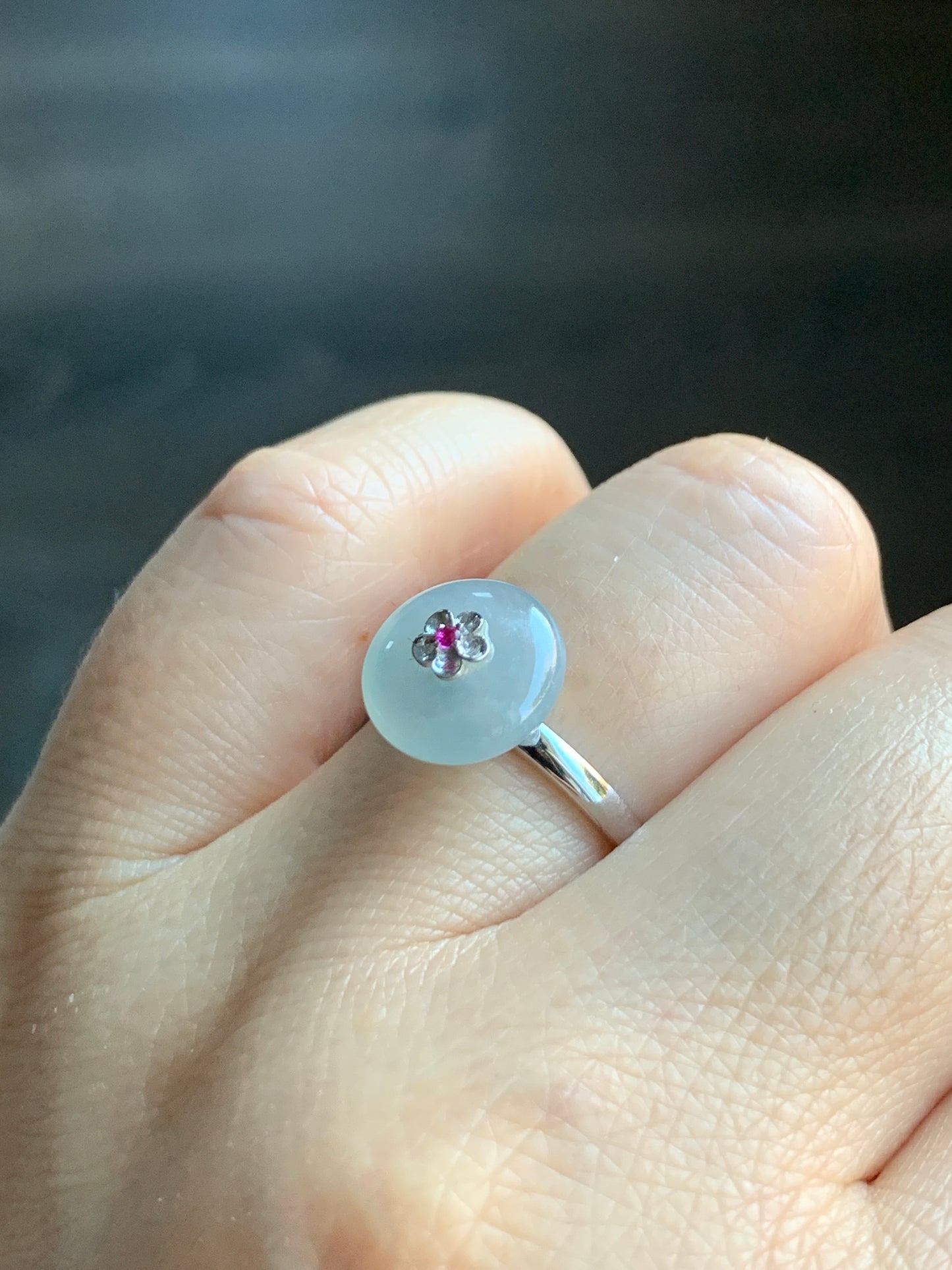 Certified Grade A Natural Icy Highly Translucent Gelatinous Light Blue Jadeite Drum Bead Ring 18K White Gold Ruby Sz 7 US 天然冰胶淡蓝翡翠鼓珠红宝石镶嵌戒指