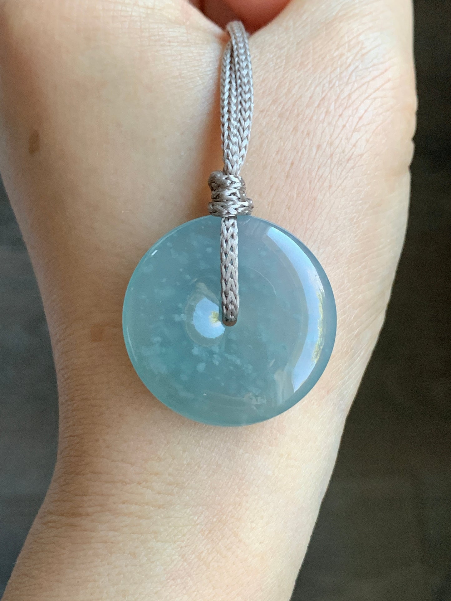 Certified Natural Icy Highly Translucent Premium Light Blue Jadeite Ping An Kou Donut Pendant Rope Necklace Adjustable 26” 天然冰危淡蓝起胶起光翡翠平安扣吊坠 7831