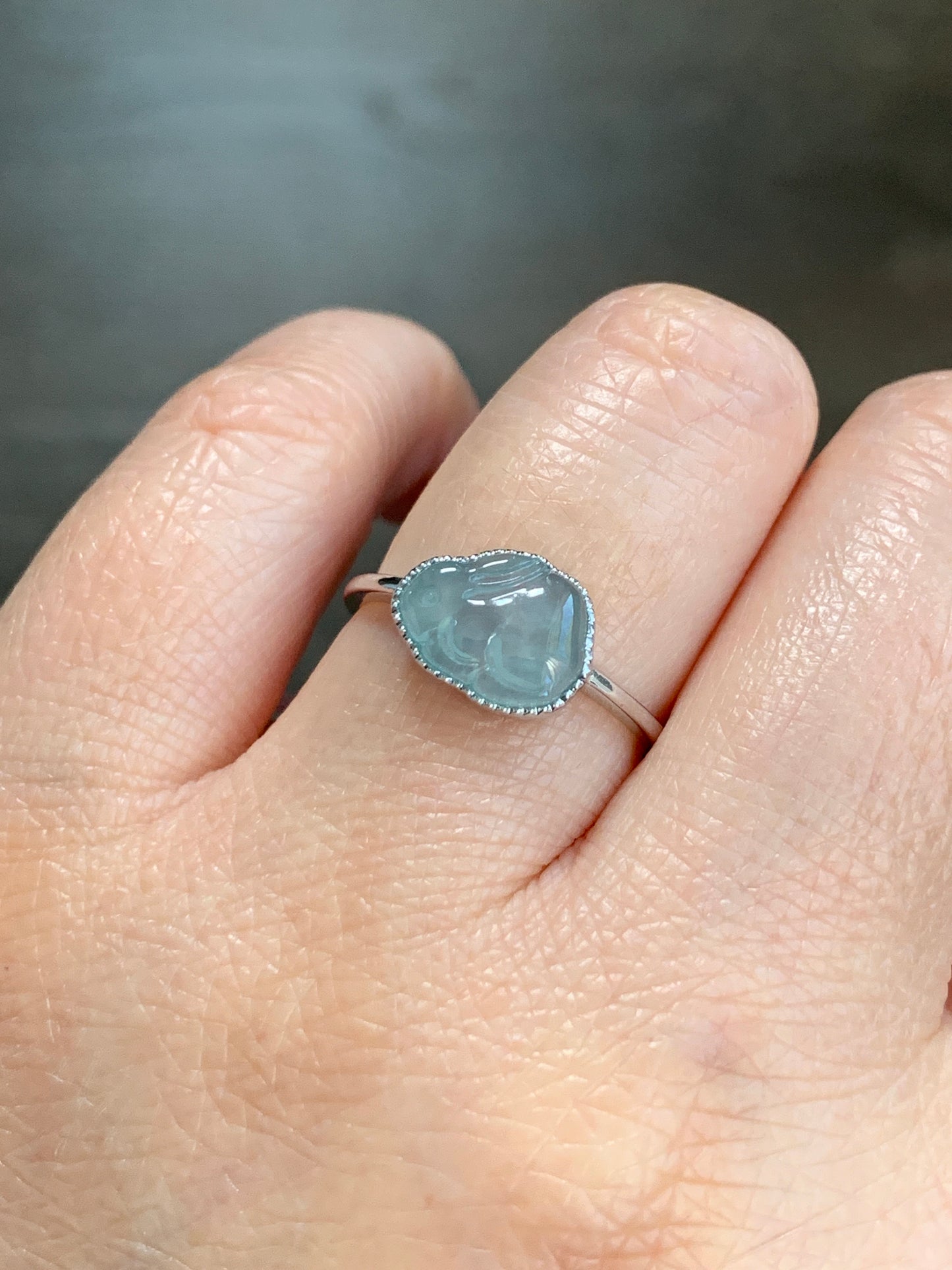 Certified Natural Grade A Guatemalan Icy Highly Translucent Pastel Blue Jade Jadeite Rabbit Ring 18K White Gold Size 7 天然冰危淡蓝翡翠小兔镶嵌戒指 1090