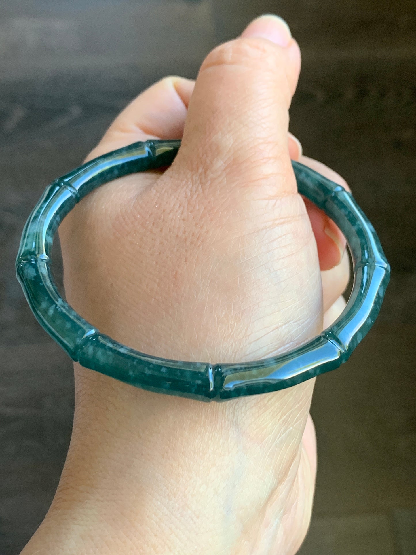 Certified Natural Grade A Icy Translucent Gelatinous Dark Teal Green Jadeite Carved Bamboo Bangle Bracelet 60.7mm 7.5” 21g 天然冰危深篮绿翡翠竹节手镯 7829