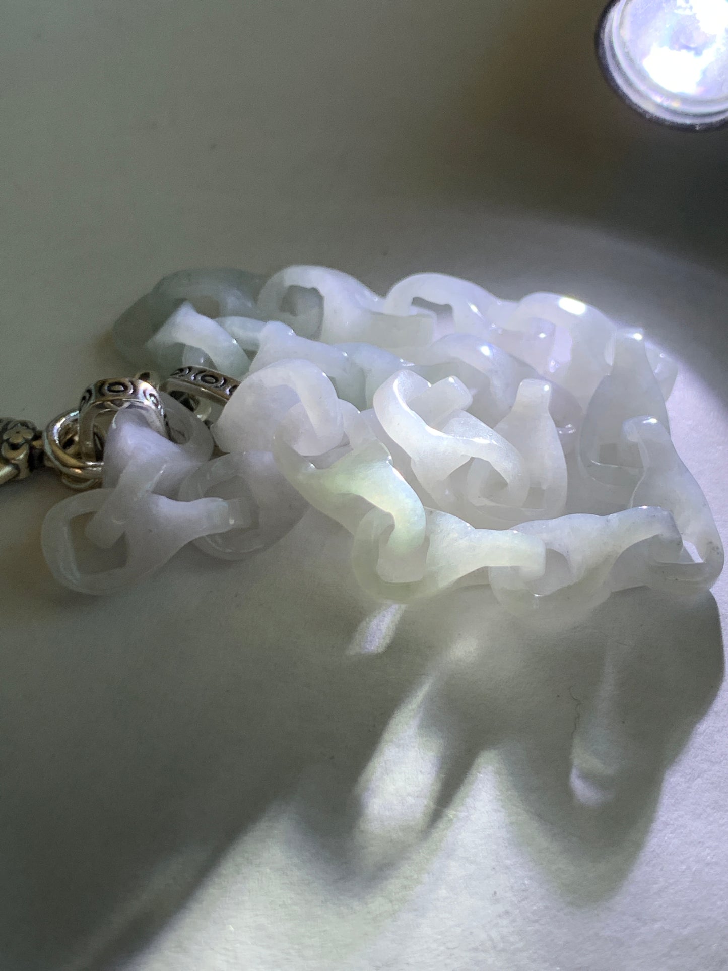 Natural Grade A Icy Translucent White Jade Jadeite Carved Interlocking Dragon Bone Chain Bracelet Sterling Silver Adjustable