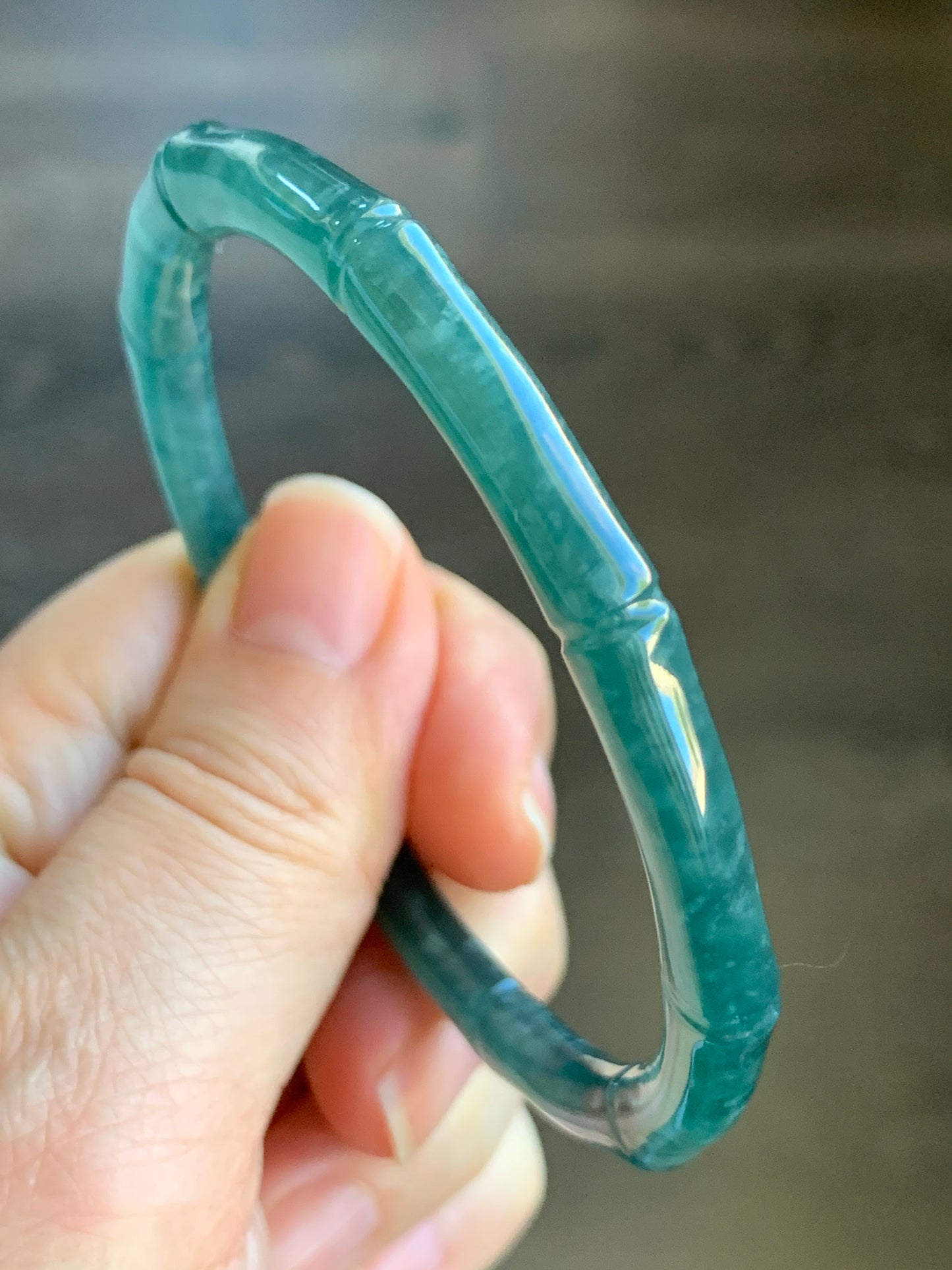 Certified Natural Grade A Icy Translucent Gelatinous Dark Teal Green Jadeite Carved Bamboo Bangle Bracelet 60.7mm 7.5” 21g 天然冰危深篮绿翡翠竹节手镯 7829