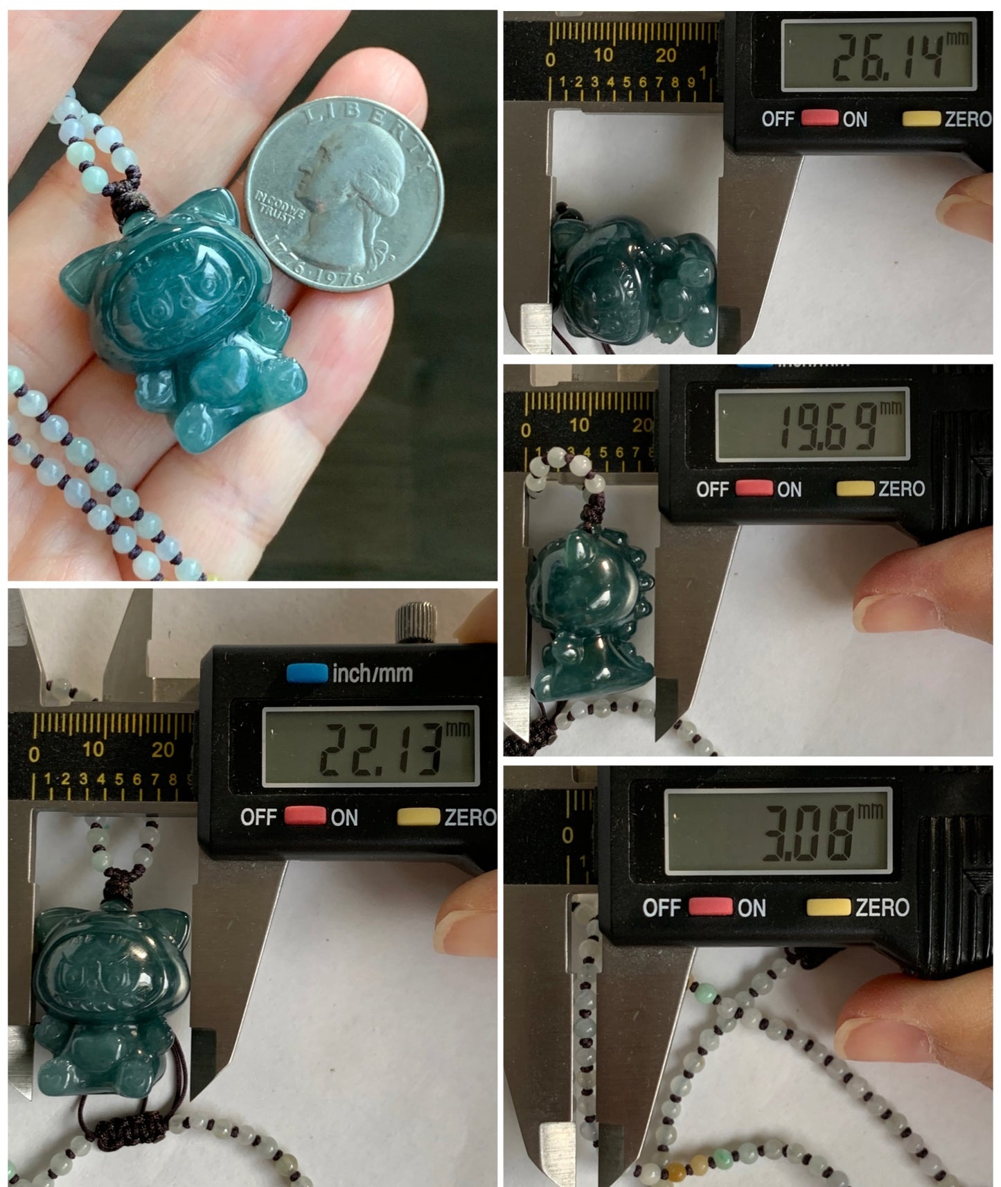Natural Grade A Guatemalan Icy Translucent Dark Teal Blue Jade Jadeite Carved Labubu Pendant Beaded Necklace 23.5” 天然冰危深蓝绿翡翠吊坠 LBB138