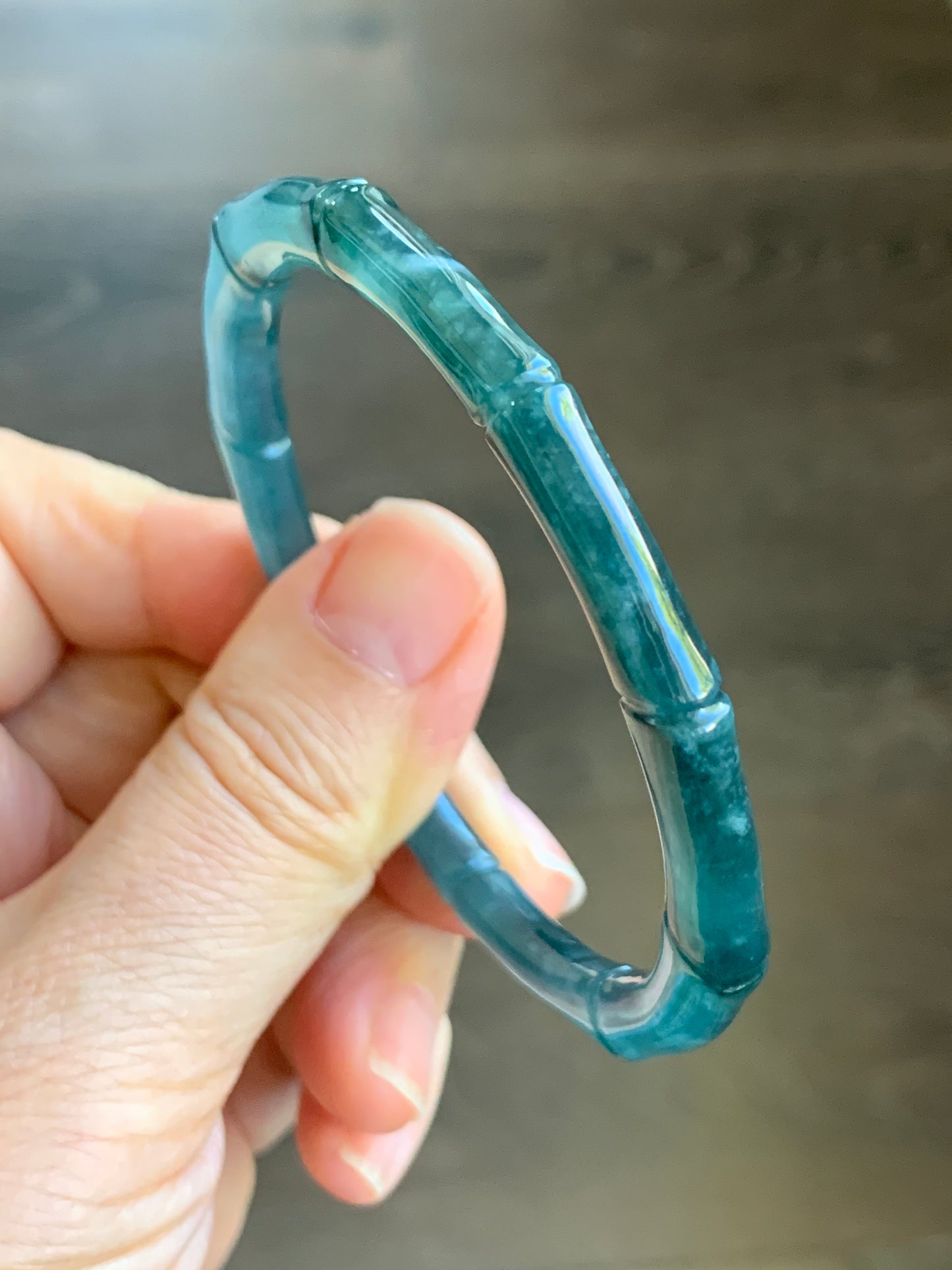 Natural Grade A Icy Translucent Gelatinous Dark Teal Green Jadeite Carved Bamboo Bangle Bracelet 56.7mm 7” 19g 天然冰危深篮绿翡翠竹节手镯 ZJ600-3