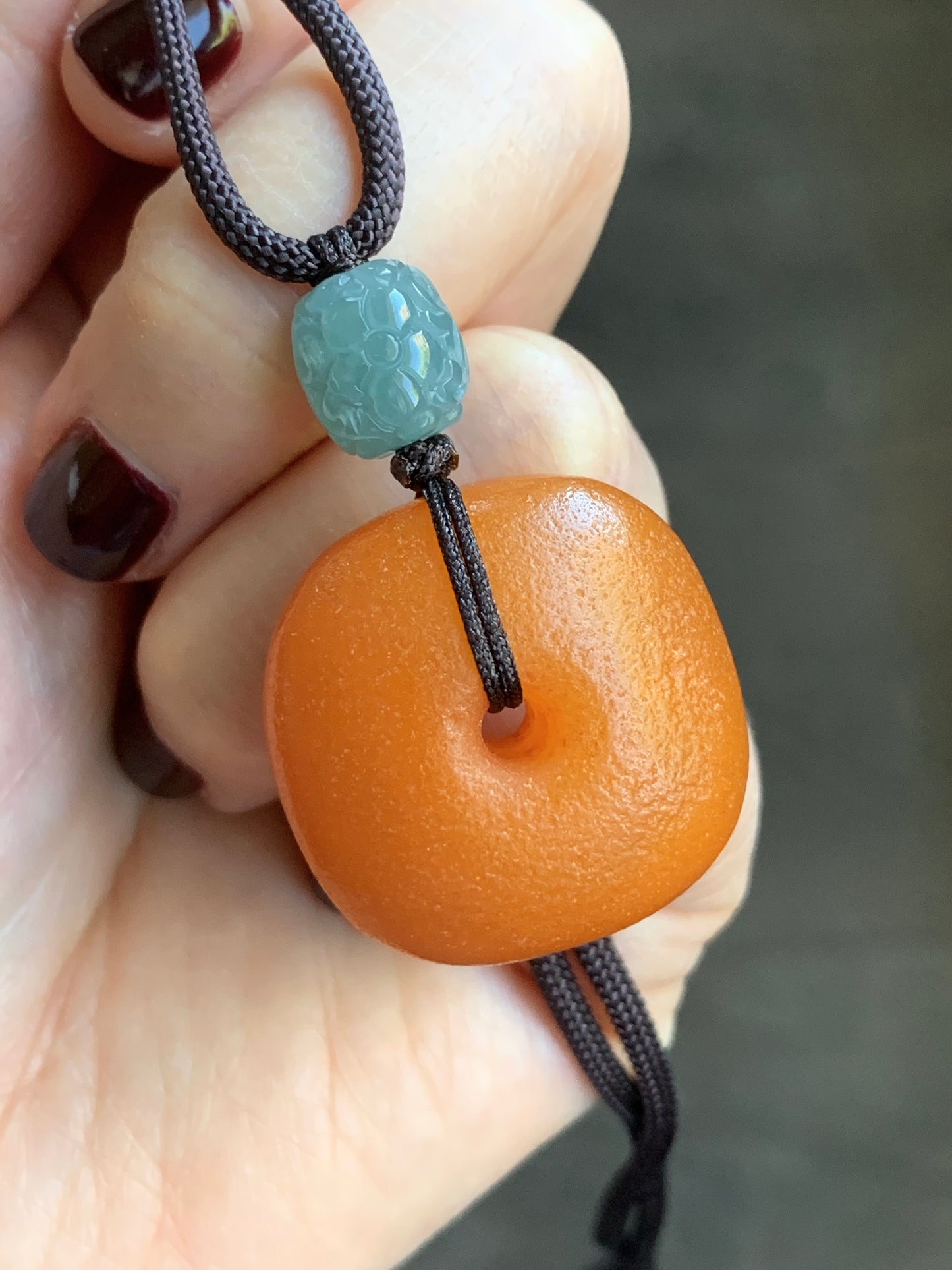 Natural Beewax Amber Large Square Donut Natural Guatemalan Light Dusty Blue Engraved Barrel Bead Necklace Sterling Silver