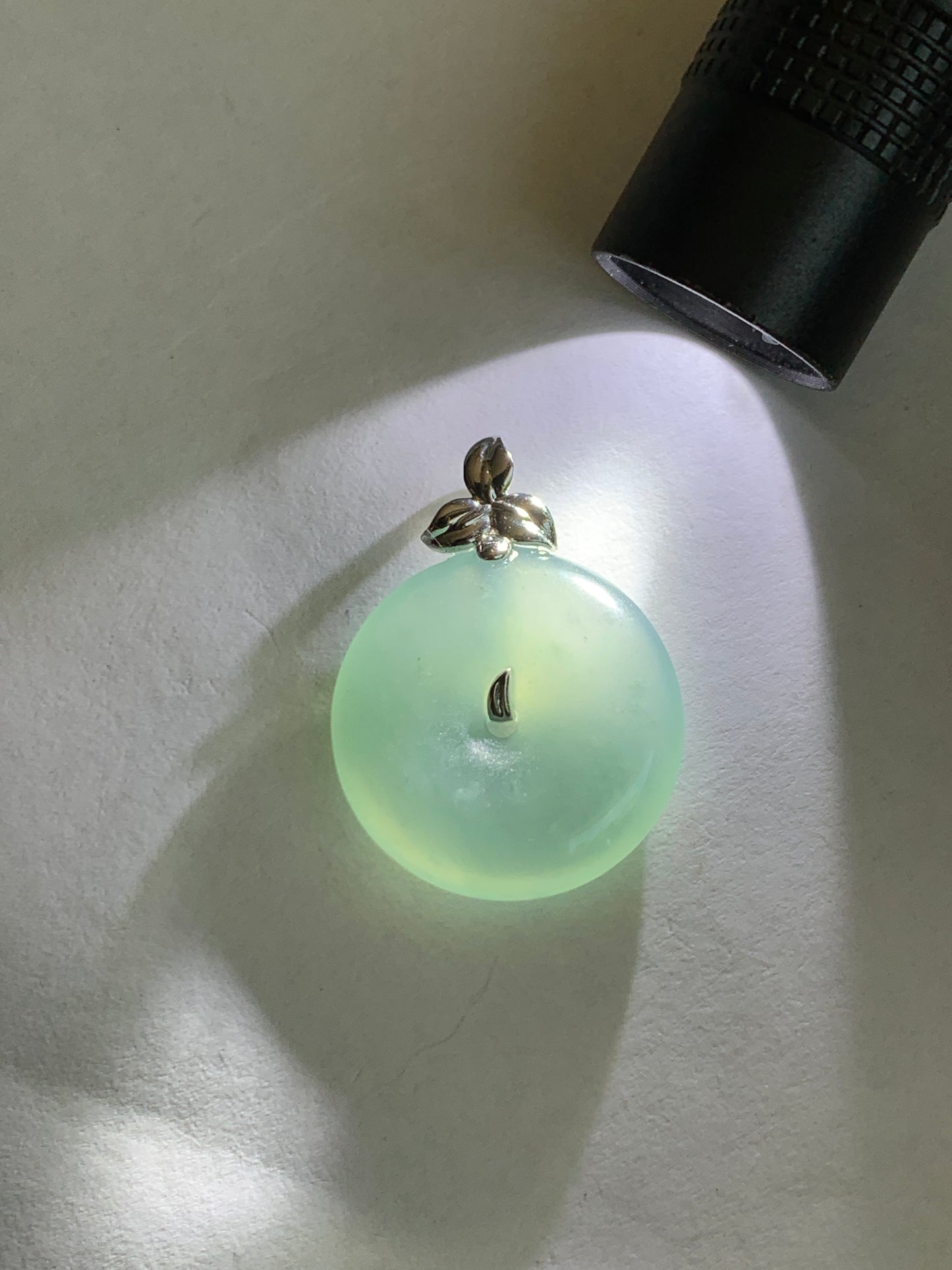 Certified Natural Guatemalan Icy Highly Translucent Light Teal Blue Jadeite Ping An Kou Donut Pendant 14K White Gold 天然冰危蓝绿平安扣镶嵌吊坠 9457