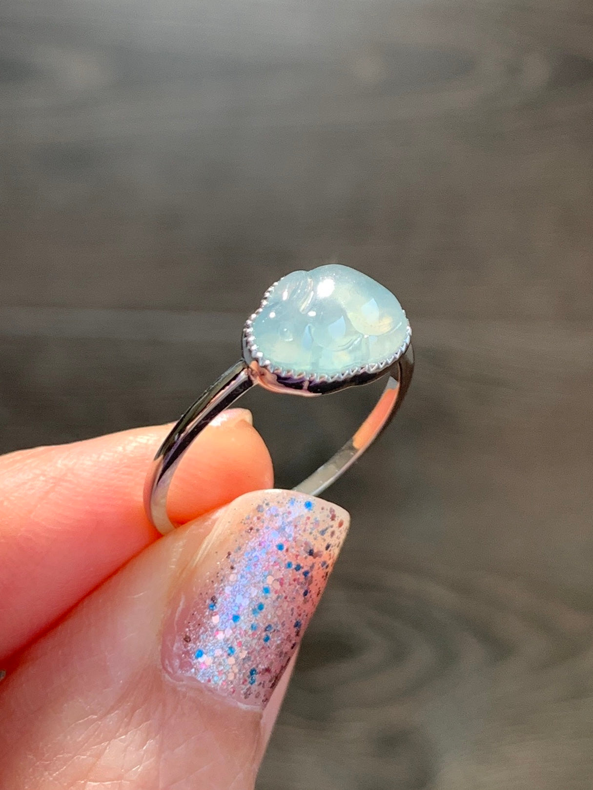 Certified Natural Grade A Guatemalan Icy Highly Translucent Pastel Blue Jade Jadeite Rabbit Ring 18K White Gold Size 7 天然冰危淡蓝翡翠小兔镶嵌戒指 1090
