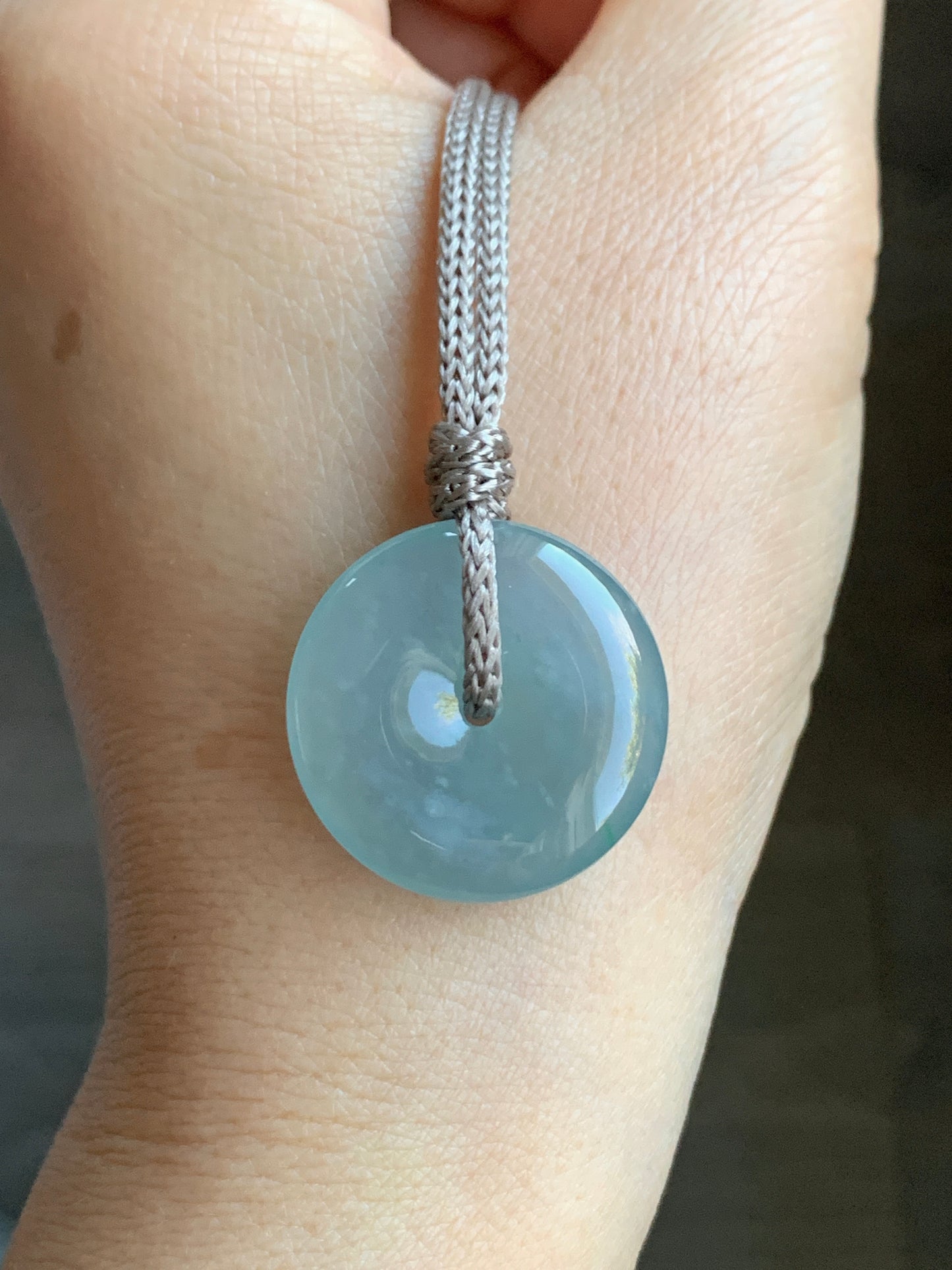 Certified Natural Icy Highly Translucent Premium Light Blue Jadeite Ping An Kou Donut Pendant Rope Necklace Adjustable 24” 天然冰危淡蓝起胶起光翡翠平安扣吊坠 7832