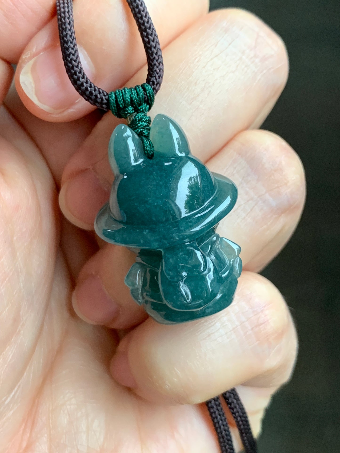 Natural Grade A Guatemalan Icy Translucent Gelatinous Dark Teal Blue Jade Jadeite Carved Labubu Pendant Rope Necklace 26” 天然冰胶危深蓝绿翡翠拉布布吊坠 LBB88