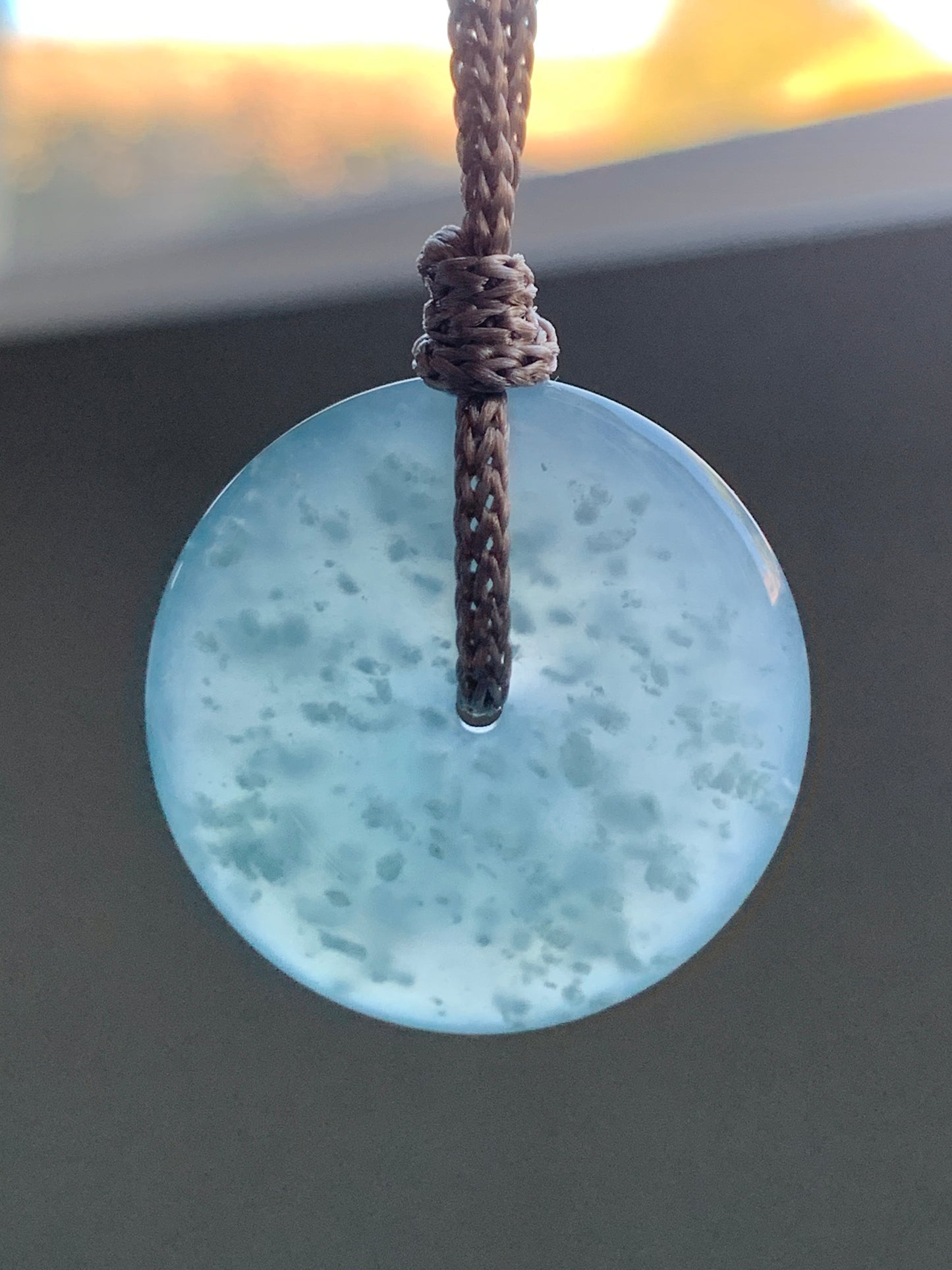 Certified Natural Icy Highly Translucent Premium Light Blue Jadeite Ping An Kou Donut Pendant Rope Necklace Adjustable 26” 天然冰危淡蓝起胶起光翡翠平安扣吊坠 7831
