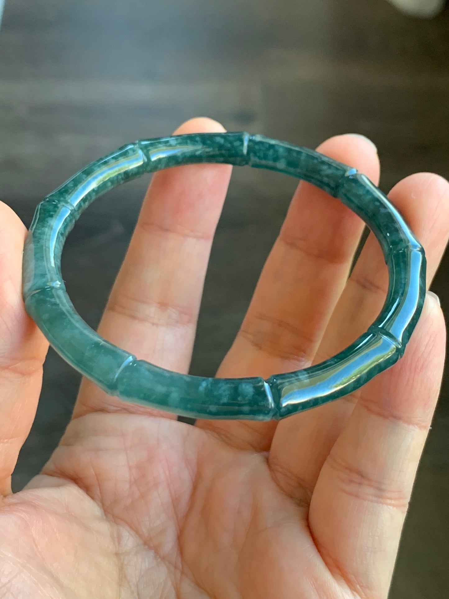 Certified Natural Grade A Icy Translucent Gelatinous Dark Teal Green Jadeite Carved Bamboo Bangle Bracelet 56.6mm 7” 20g 天然冰危深篮绿翡翠竹节手镯 7826