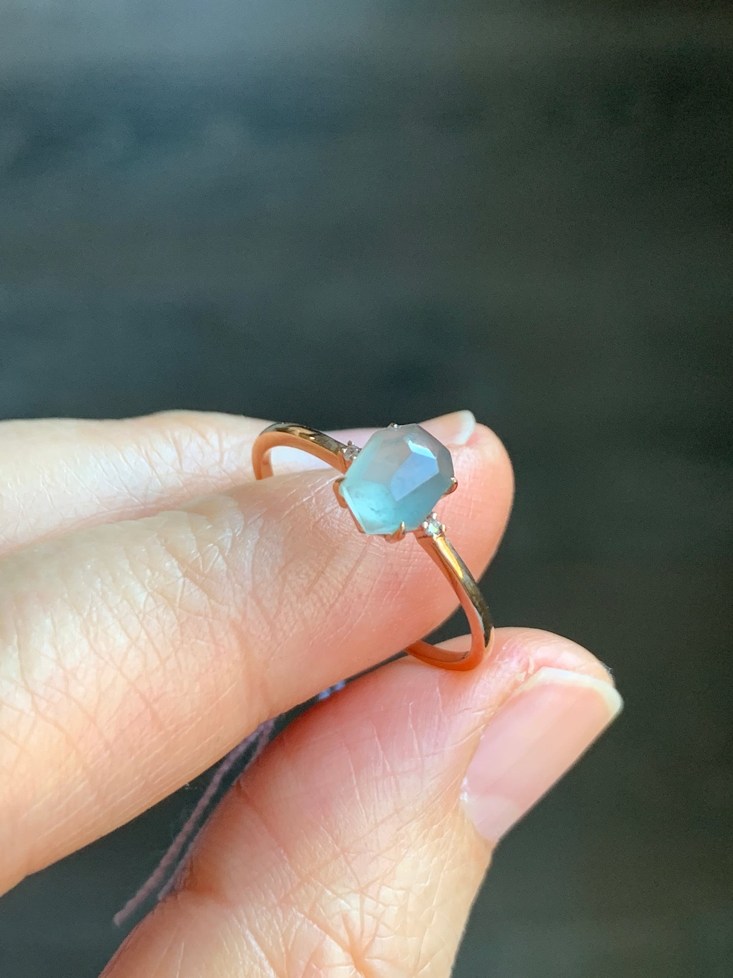 Certified Natural Grade A Icy Translucent Light Blue Jadeite Faceted Cabochon Solitaire Ring 18K Rose Gold Diamonds Sz 7 天然天空蓝翡翠切割面钻石镶嵌戒指