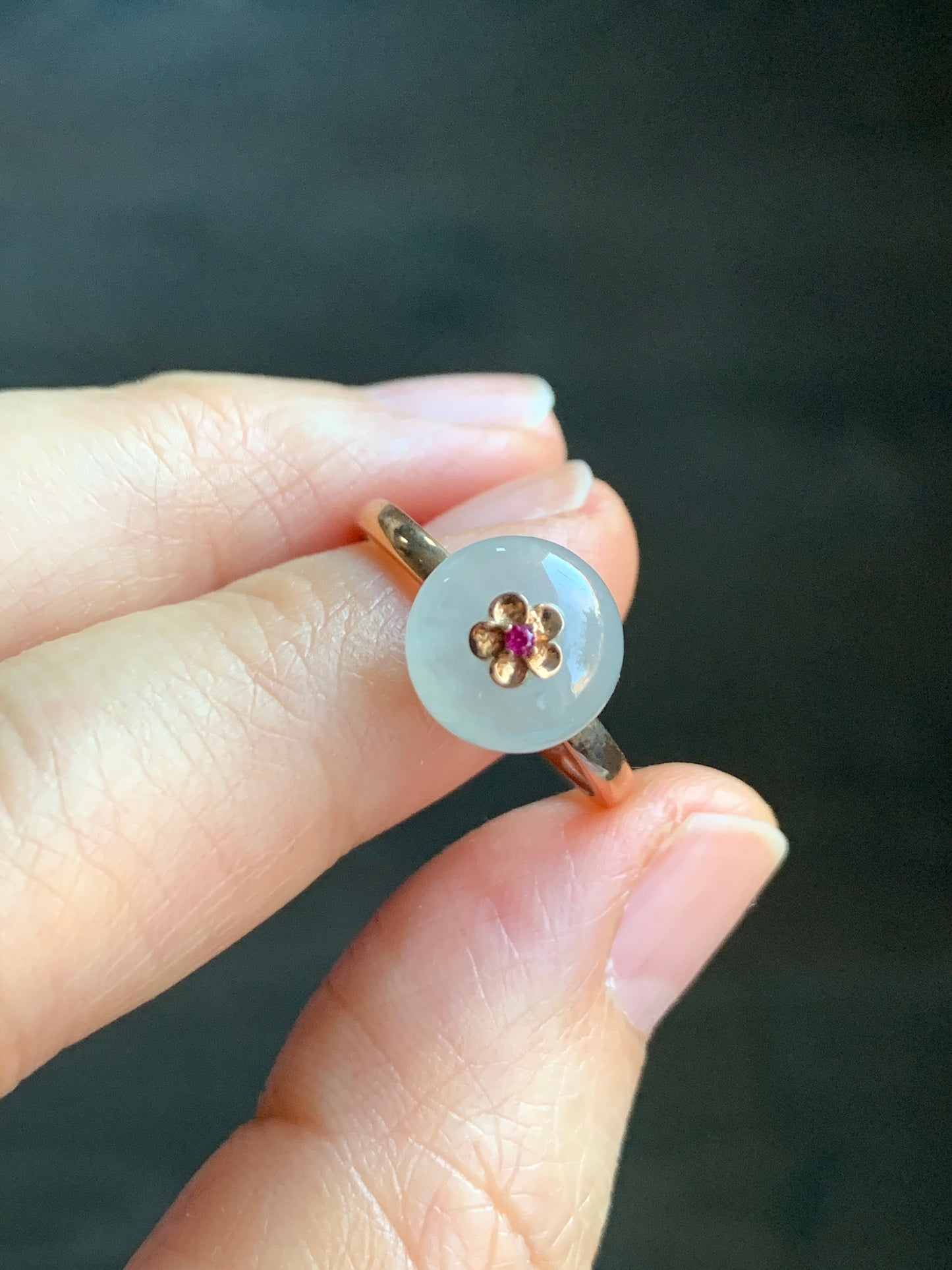 Certified Grade A Icy Highly Translucent Gelatinous White Jadeite Drum Bead Ring 18K Rose Gold & Ruby Sz 7 US 天然正白冰翡翠鼓珠红宝石K玫镶嵌戒指