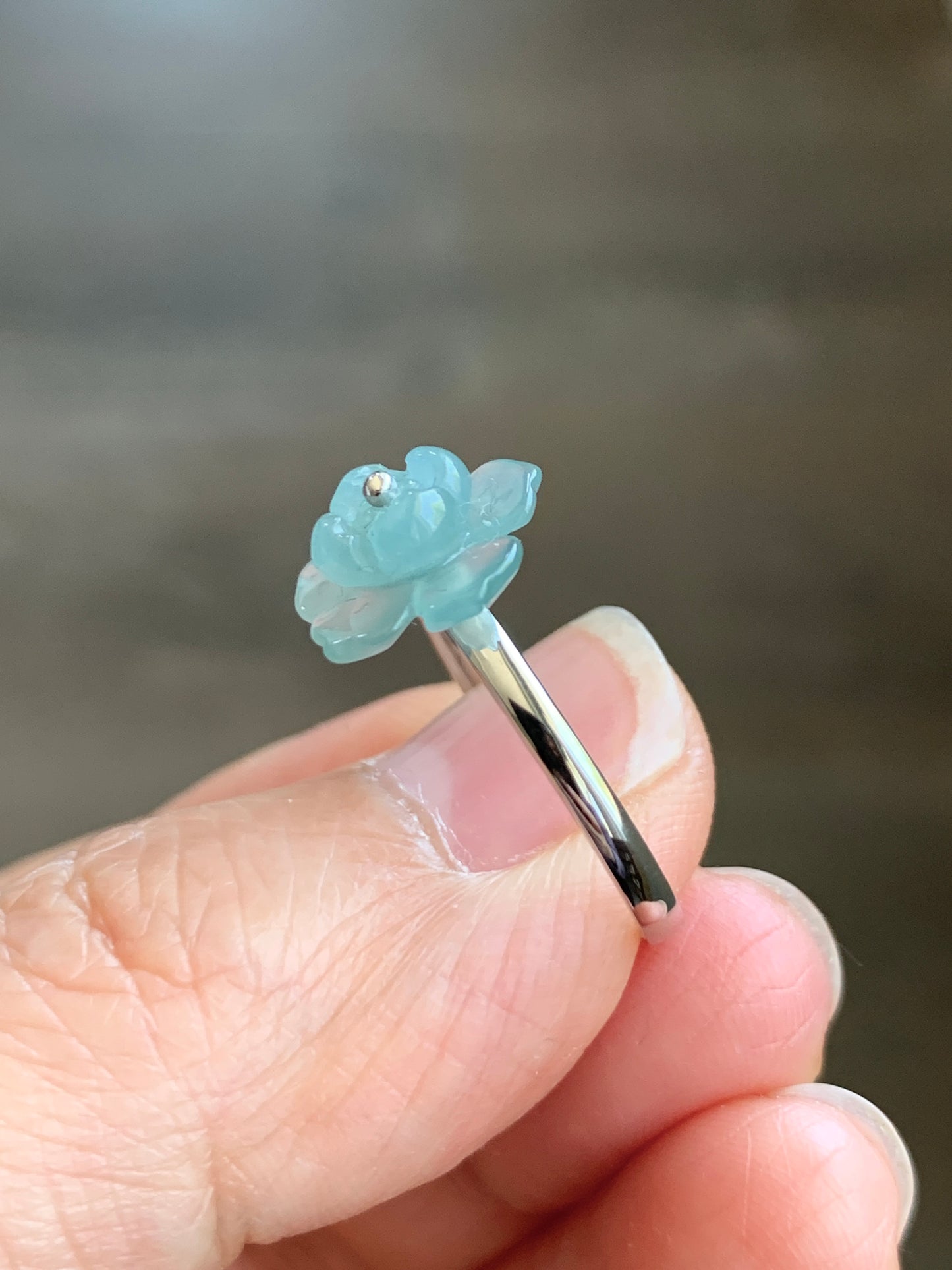 Certified Natural Guatemalan Icy Highly Translucent Light Blue Jade Jadeite Lotus Flower Ring 18K White Gold sz 7.25 2g 天然高冰危浅蓝翡翠莲花镶嵌戒指 3839