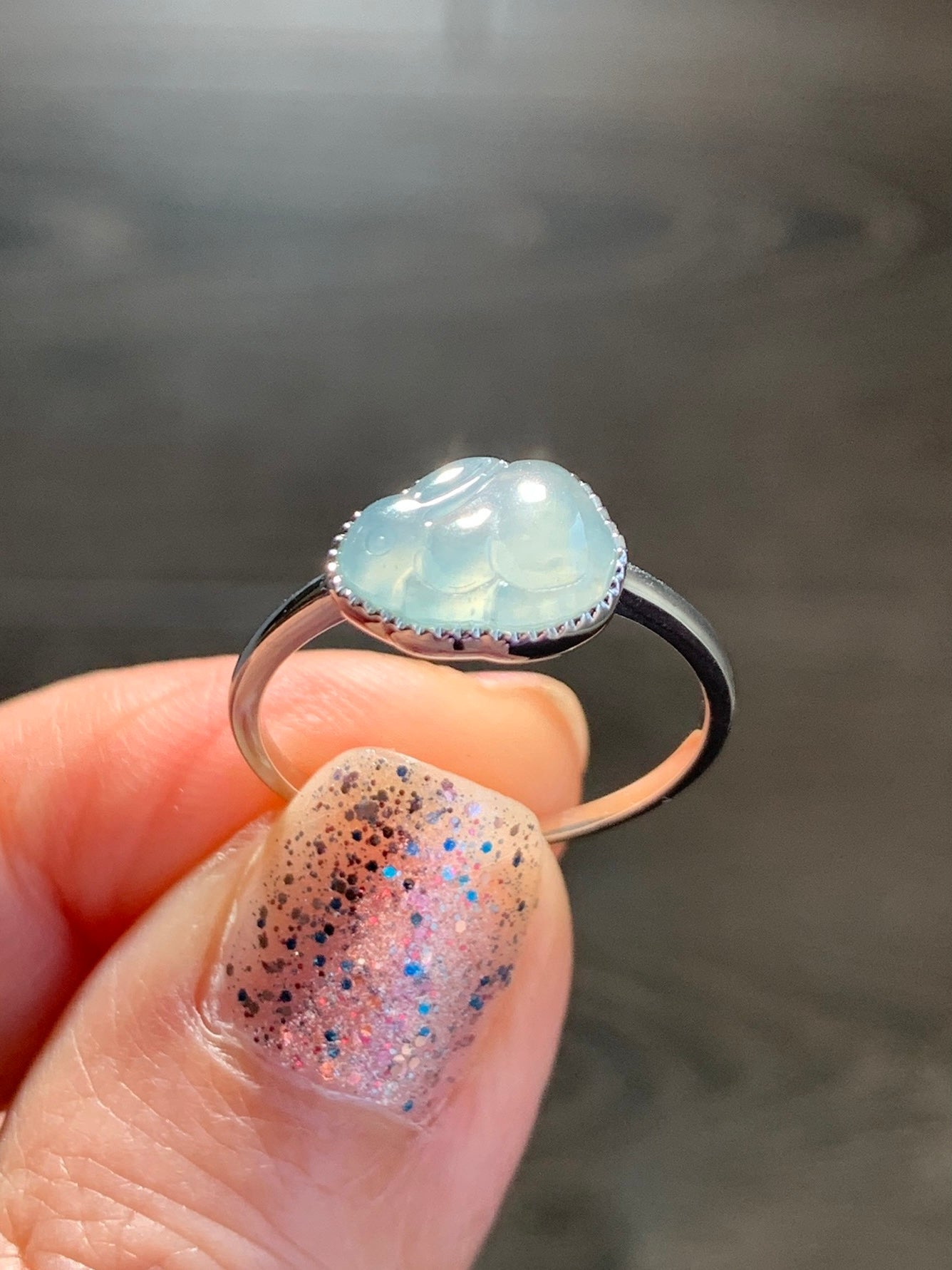 Certified Natural Grade A Guatemalan Icy Highly Translucent Pastel Blue Jade Jadeite Rabbit Ring 18K White Gold Size 7 天然冰危淡蓝翡翠小兔镶嵌戒指 1090