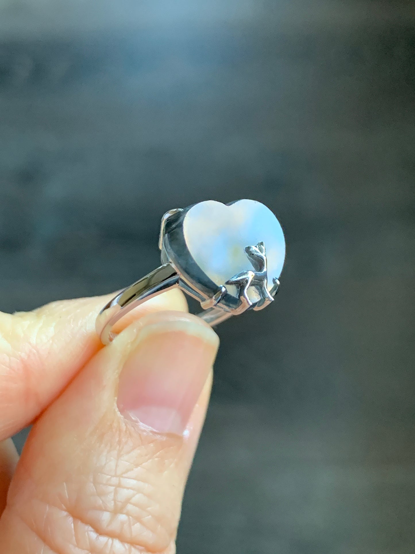 Certified Natural Grade A Premium Icy Translucent Dark Wuji Jadeite Heart Ring w/ Deer Design 18K White Gold Sz 7 3.04g 天然冰乌鸡翡翠爱心小鹿镶嵌戒指 3887