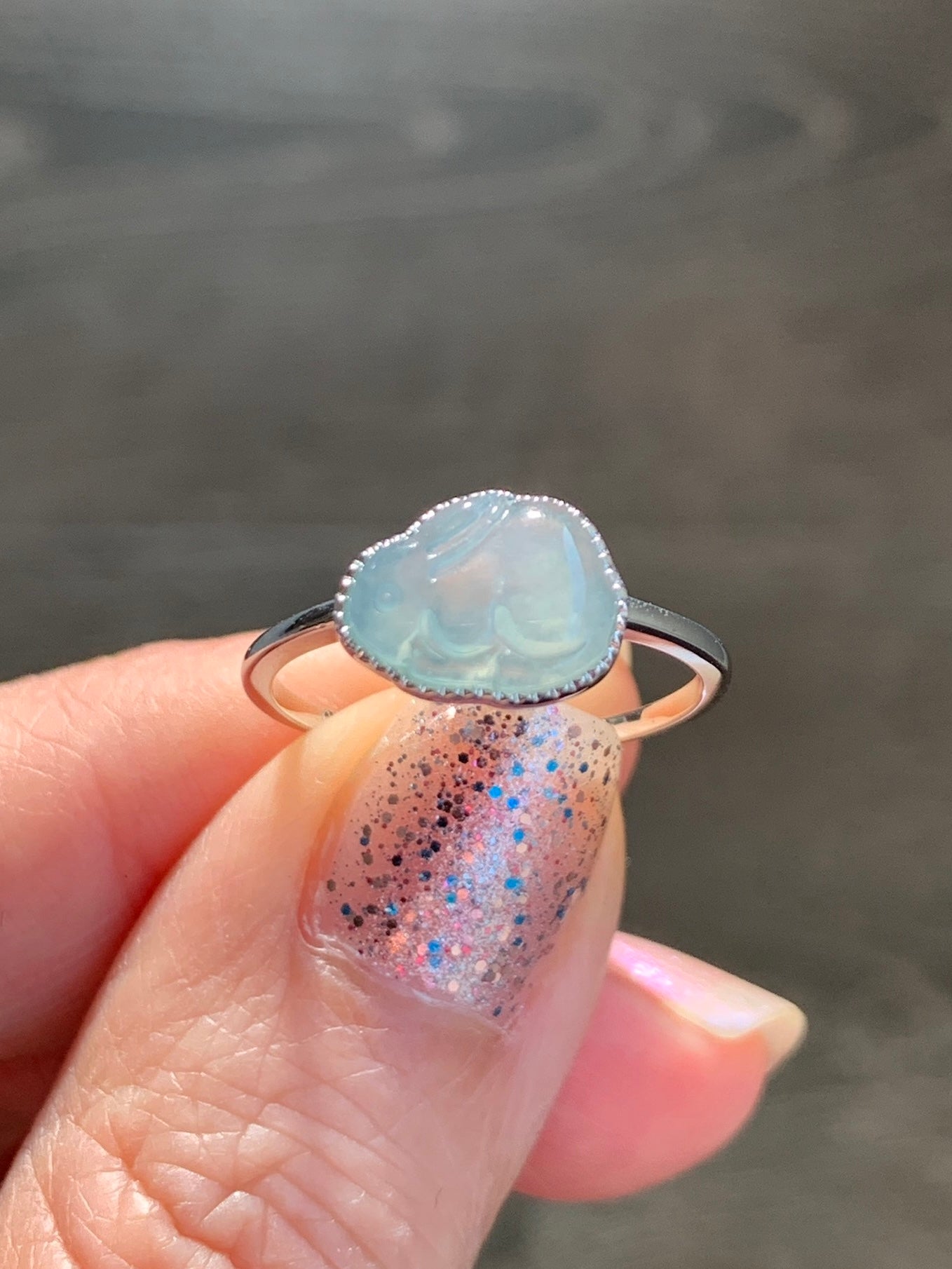 Certified Natural Grade A Guatemalan Icy Highly Translucent Pastel Blue Jade Jadeite Rabbit Ring 18K White Gold Size 7 天然冰危淡蓝翡翠小兔镶嵌戒指 1090