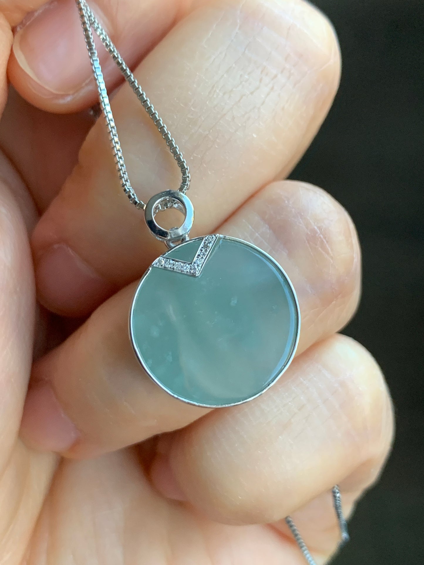 Certified Natural Guatemalan Premium Sky Blue Jadeite Circle Blessing Amulet Pendant Wu Shi Pai 18K White Gold & Diamonds 天然翡翠冰危蓝无事牌K金钻石镶嵌吊坠
