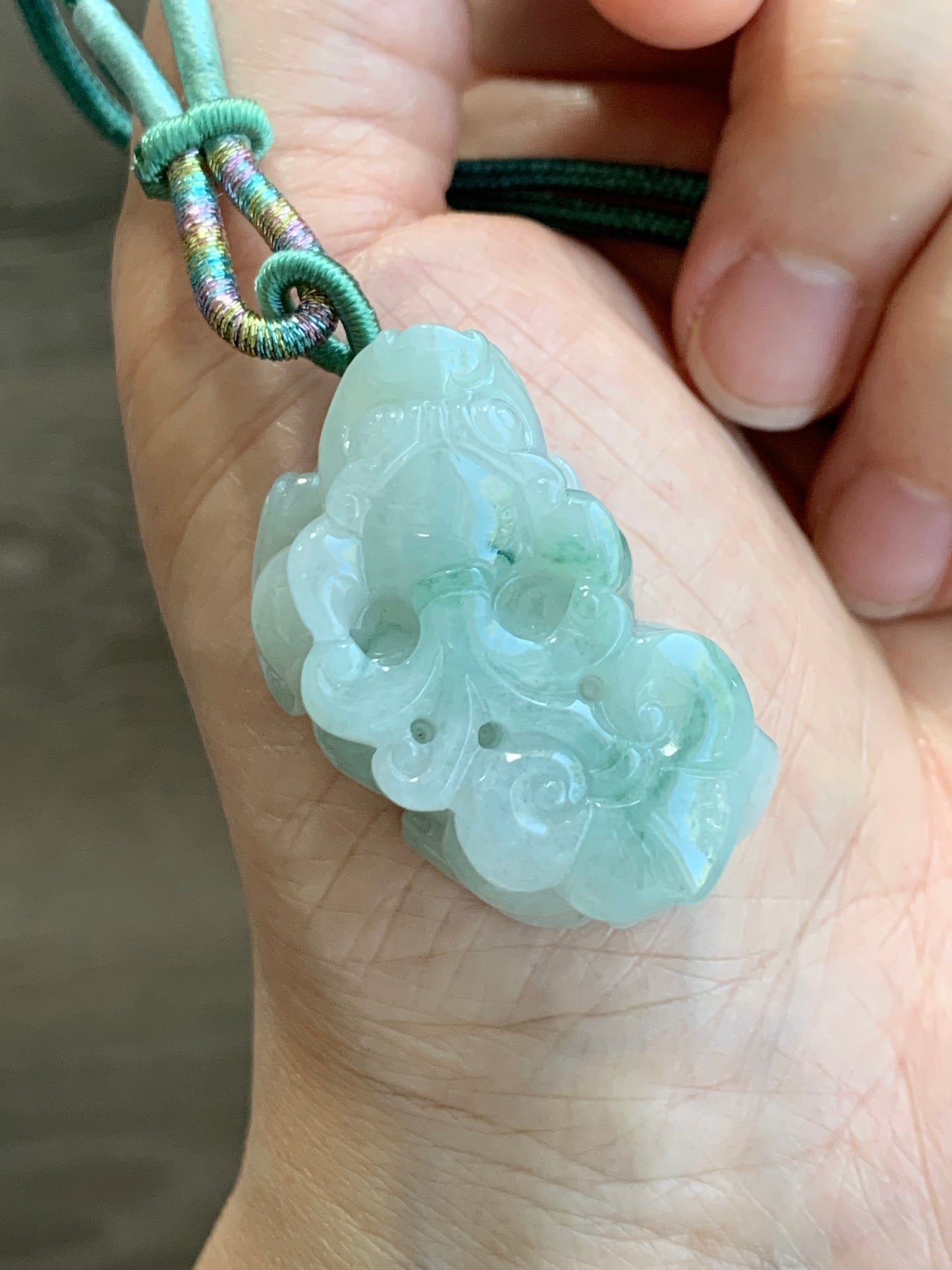 Natural Grade A Icy Translucent Gelatinous Green Marbled Jadeite Carved Pixiu Pendant Rope Necklace Adjustable 25" 24g 天然冰胶精工飘绿花翡翠貔貅吊坠