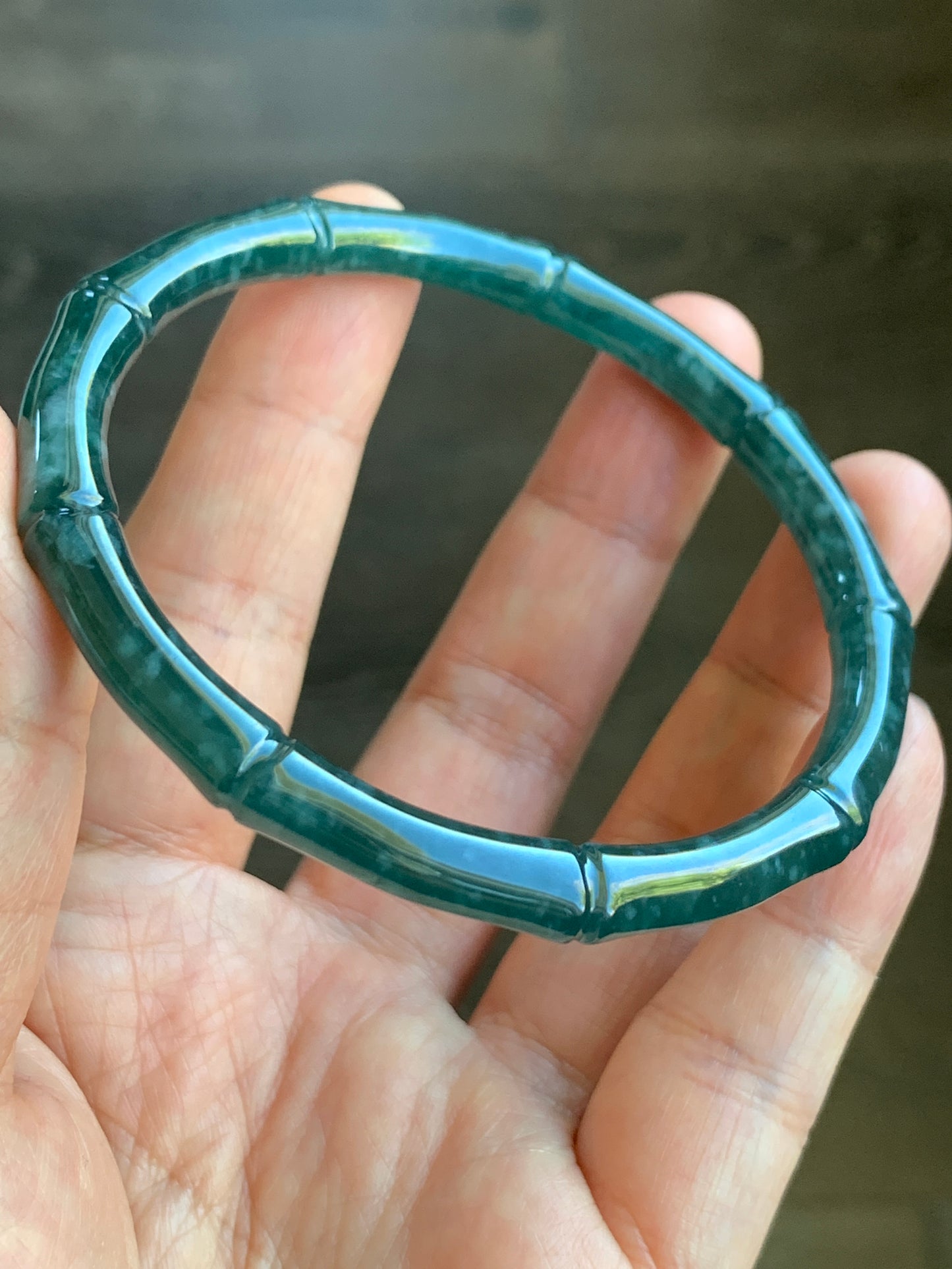 Certified Natural Grade A Icy Translucent Gelatinous Dark Teal Green Jadeite Carved Bamboo Bangle Bracelet 60.7mm 7.5” 21g 天然冰危深篮绿翡翠竹节手镯 7829