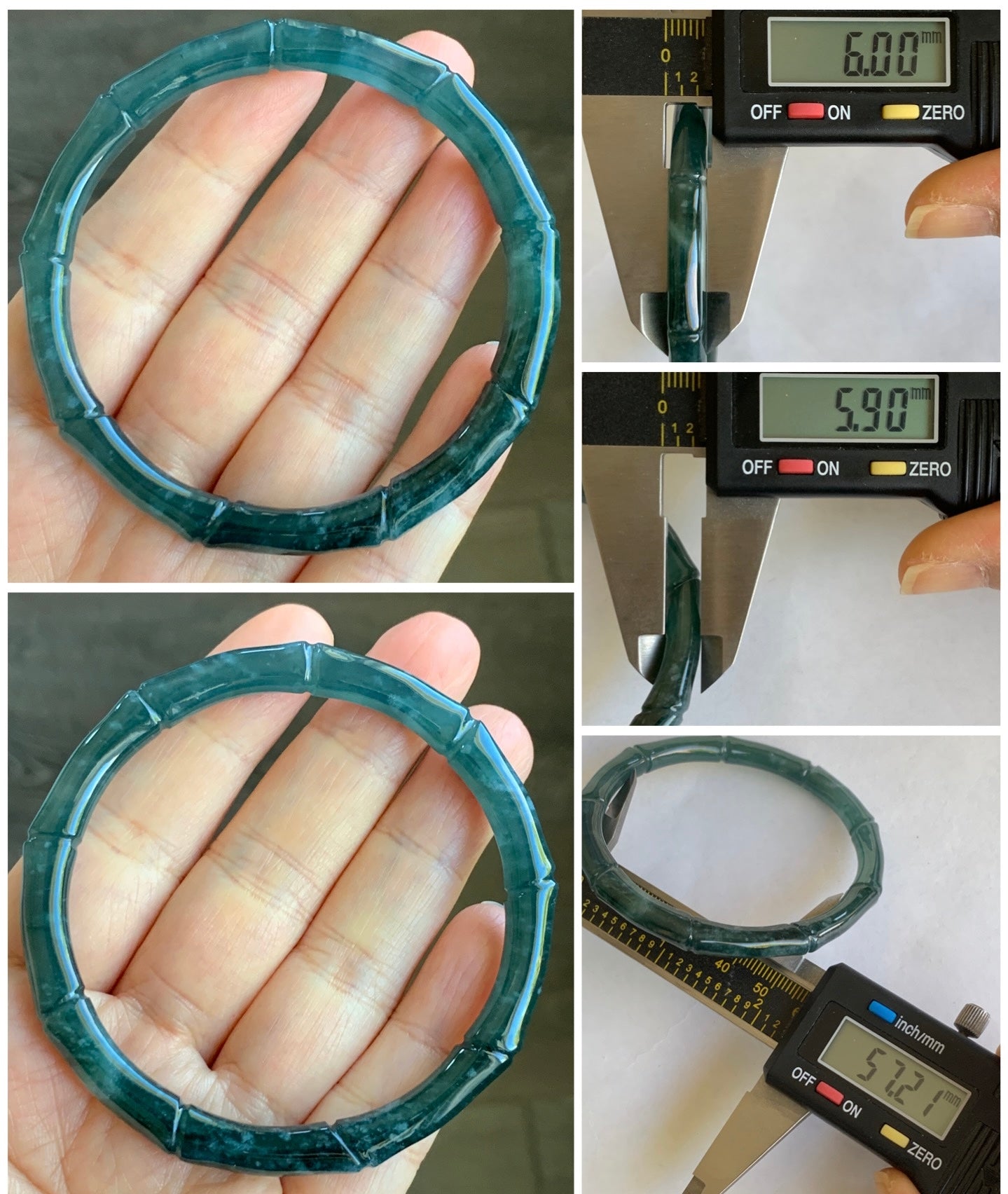 Natural Grade A Icy Translucent Gelatinous Dark Teal Green Jadeite Carved Bamboo Bangle Bracelet 57.2mm 7” 21g 天然冰危深篮绿翡翠竹节手镯 ZJ600-2