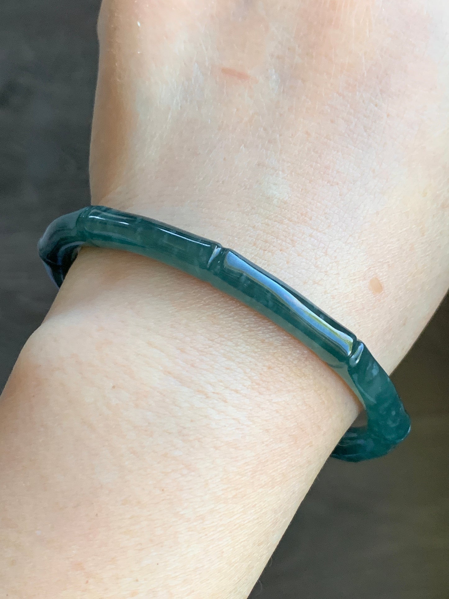 Certified Natural Grade A Icy Translucent Gelatinous Dark Teal Green Jadeite Carved Bamboo Bangle Bracelet 60.7mm 7.5” 21g 天然冰危深篮绿翡翠竹节手镯 7829